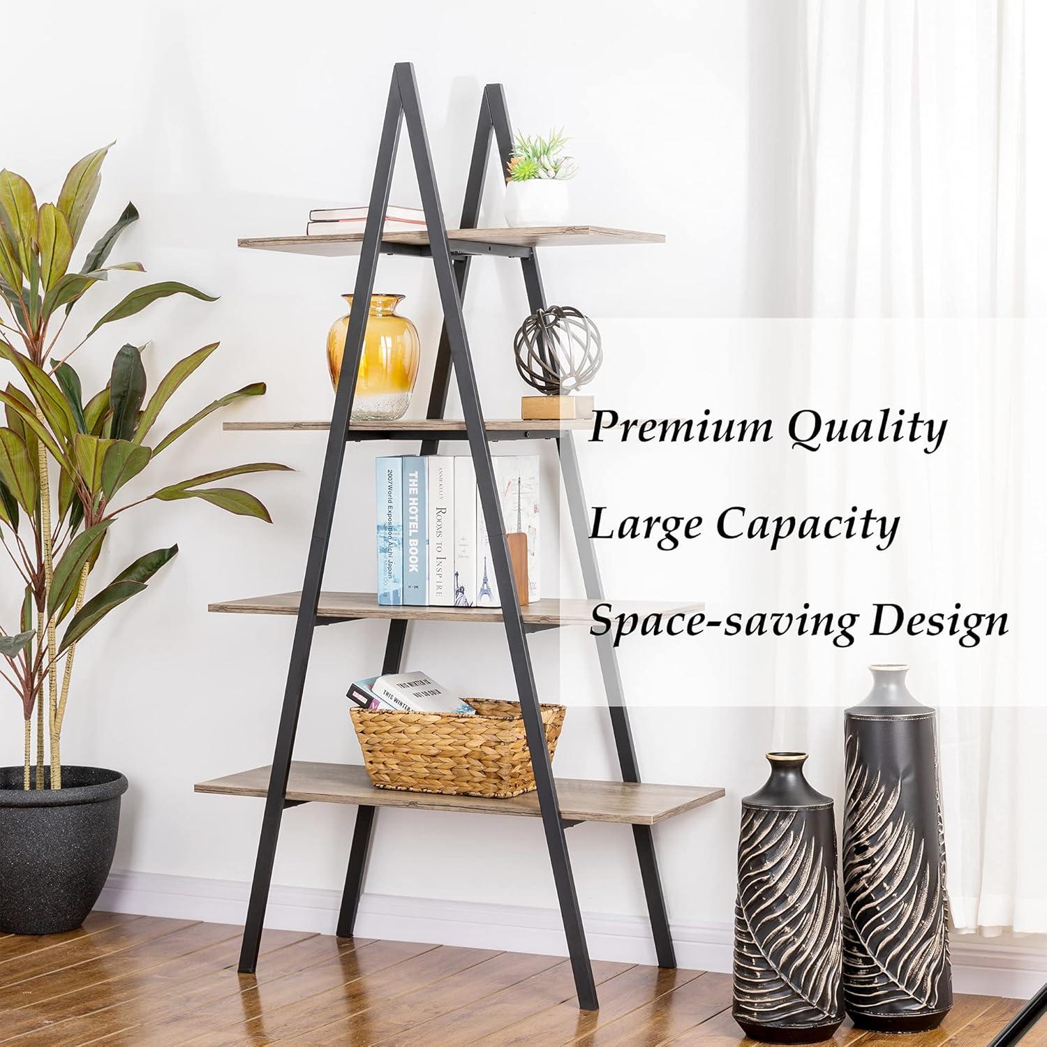 Glitzhome 64.5"H Modern Industry Wooden Oak Melamine 4-Tier Metal/ Wooden Leaning Bookcases & Ladder Shelves