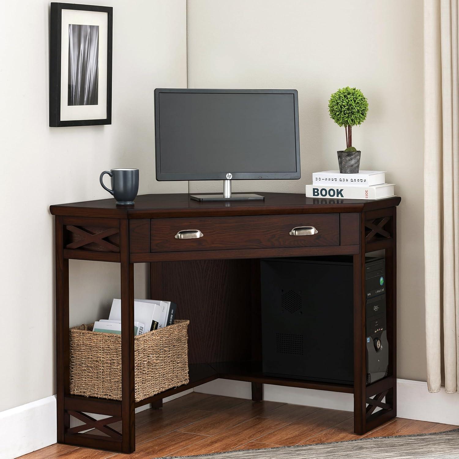 Leick Home 81430 Corner Computer/Writing Desk with Drawer and Shelf, Made with Solid Wood, Chocolate Oak