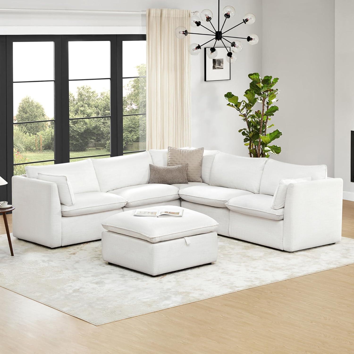 Nereidix 107 in. 5-Piece Fabric Modern Corner Modular Sofa Sectional Sofa in Cream with Arms for Living Room