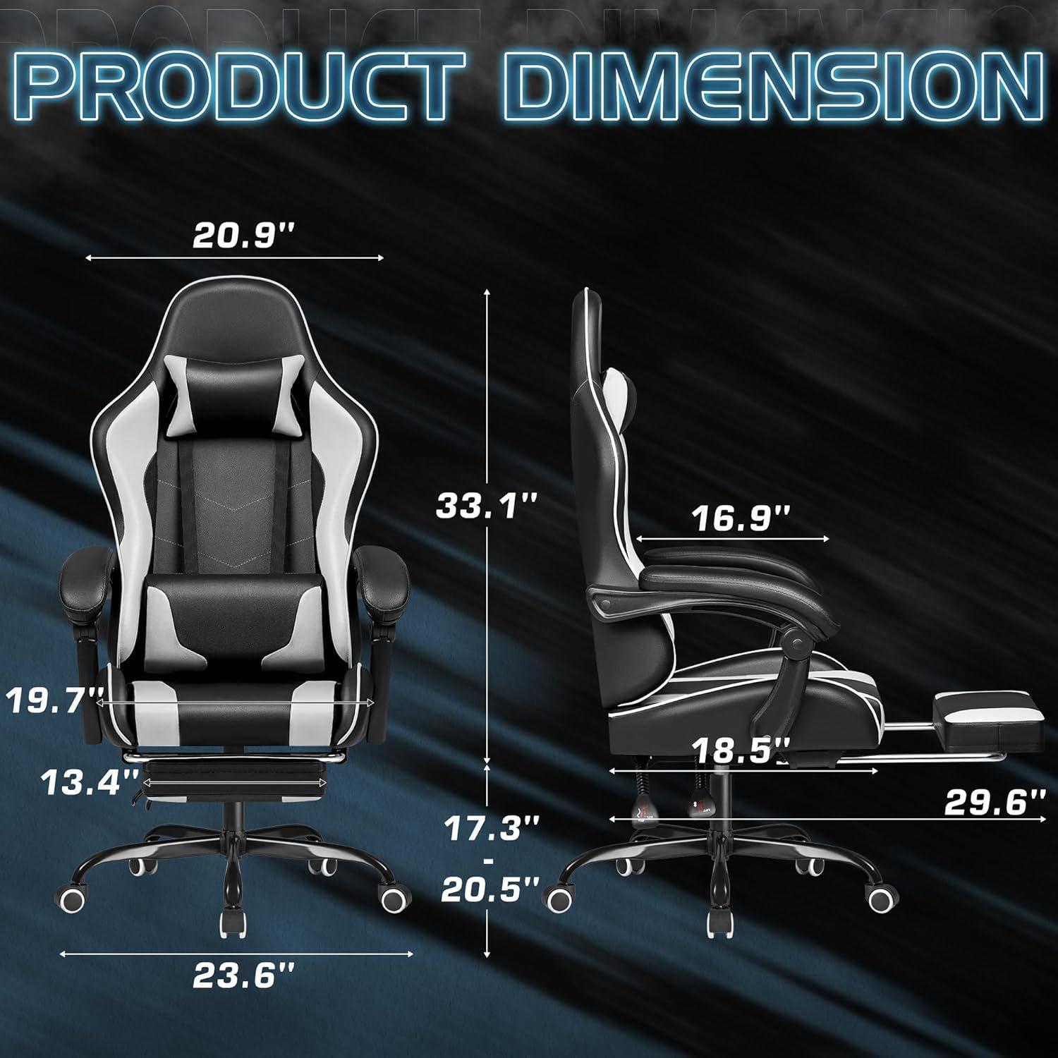 Killeryuki Gaming Chair, Video Game Chair with Footrest and Massage Lumbar Support, Ergonomic Computer Chair Height Adjustable with Swivel Seat and Headrest (White)