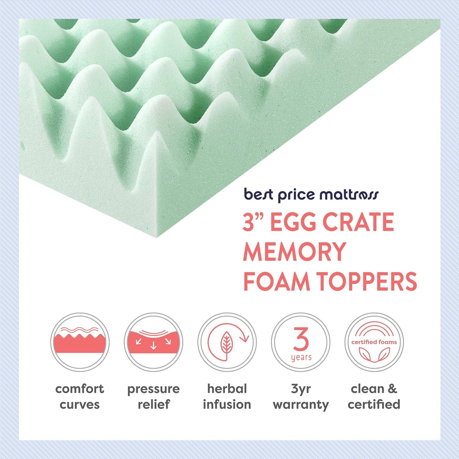 Crown Comfort 3 Inch Egg Crate Memory Foam Mattress Topper with Calming Aloe Infusion Twin