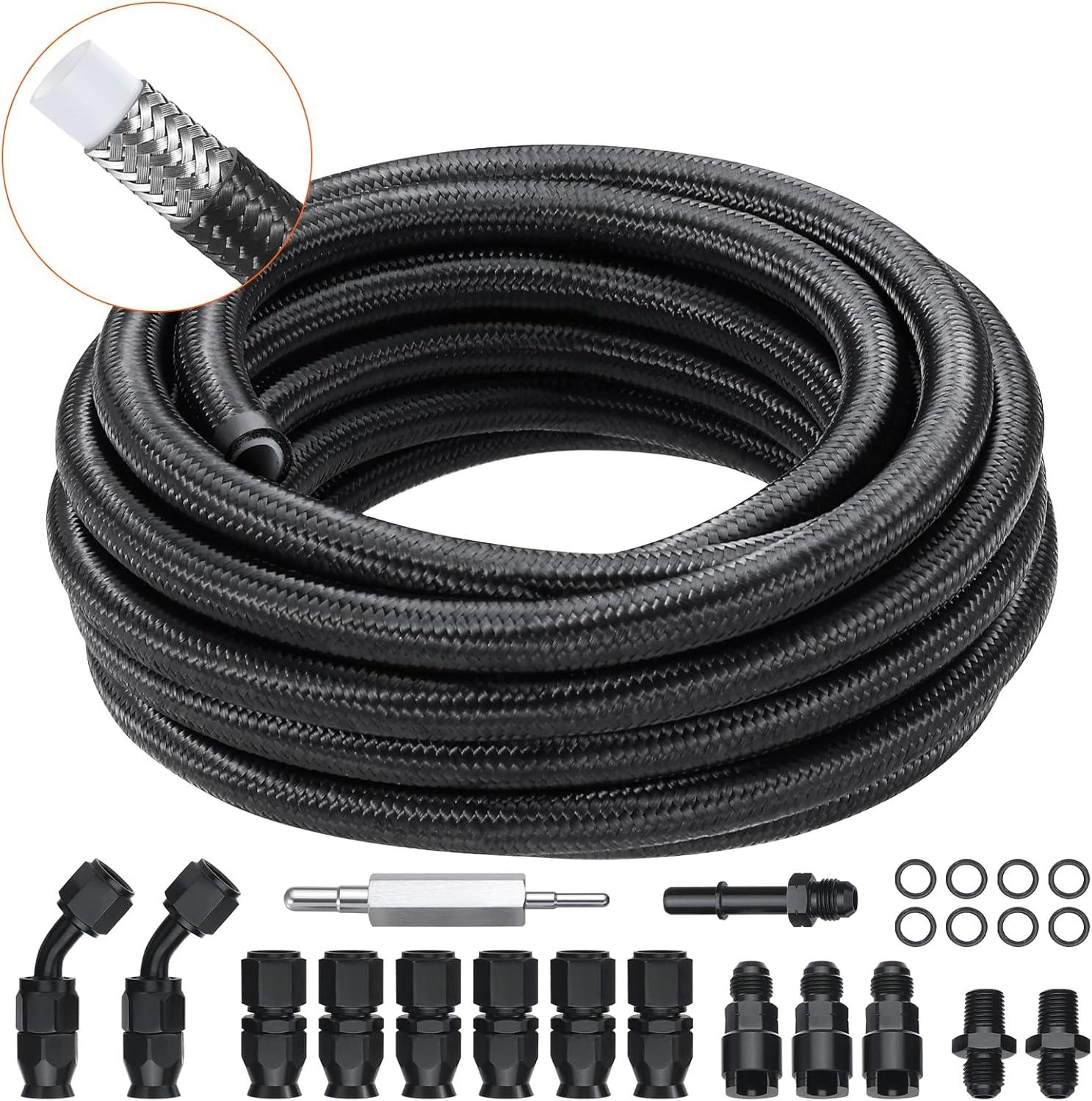 6AN Fuel Line Kit, 25 FT Fuel Hose Kit, 5/16" Nylon Stainless Steel Braided PTFE Fuel Line Kit, E85/Oil/Gas/Diesel Hose End Fitting Kit, with 15 PCS Swivel Fitting Adapter