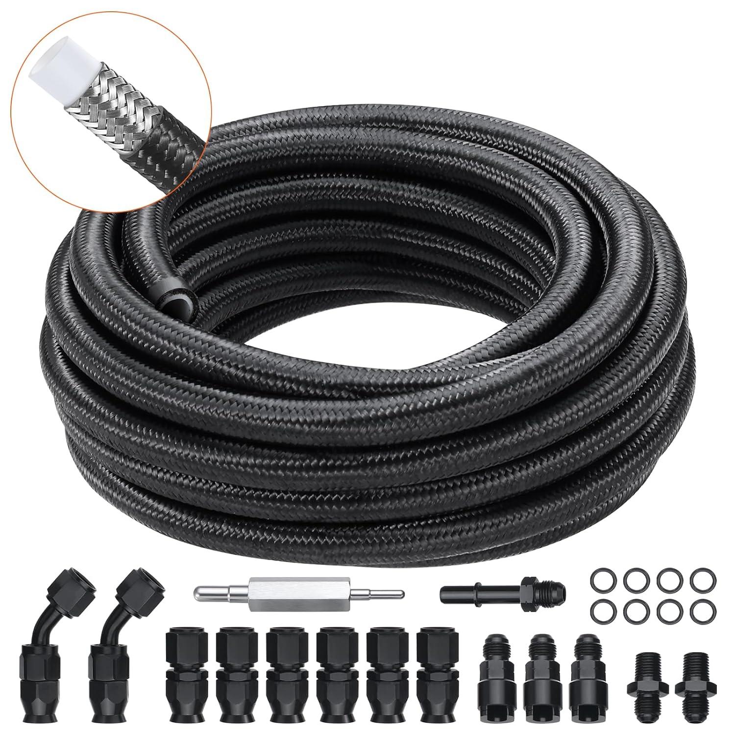 6AN Fuel Line Kit, 25 FT Fuel Hose Kit, 5/16" Nylon Stainless Steel Braided PTFE Fuel Line Kit, E85/Oil/Gas/Diesel Hose End Fitting Kit, with 15 PCS Swivel Fitting Adapter