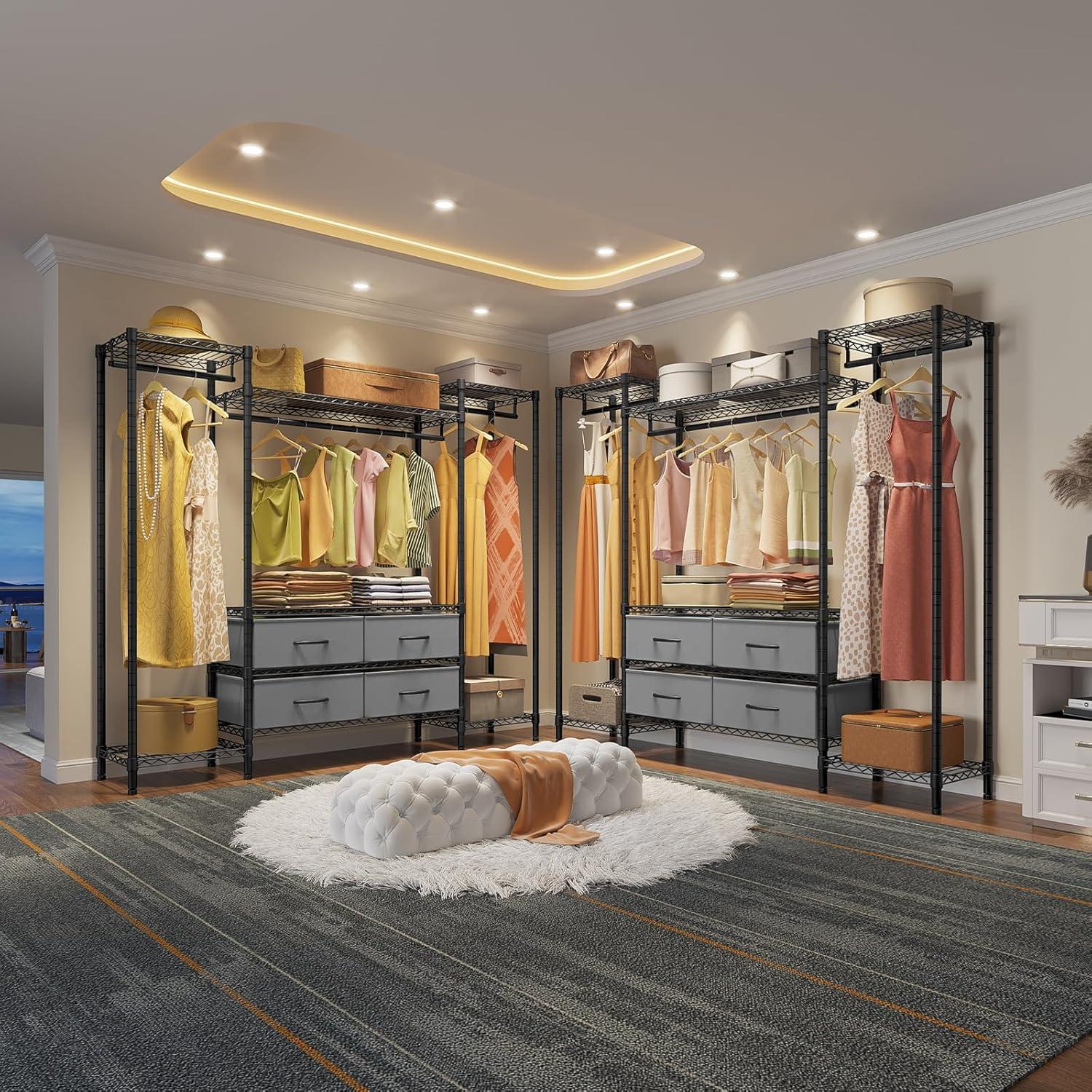 Metal Clothes Rack With 6 Shelves, 3 Hanging Rails And 4 Fabric Drawers, 56.7"L X 14.6"W X 70.9"H,