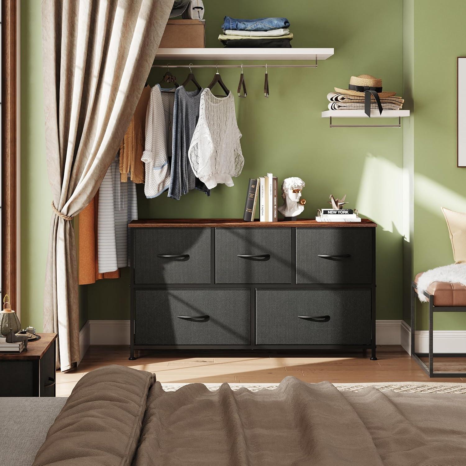 Black and Rustic Brown 5-Drawer Fabric Dresser with Steel Frame