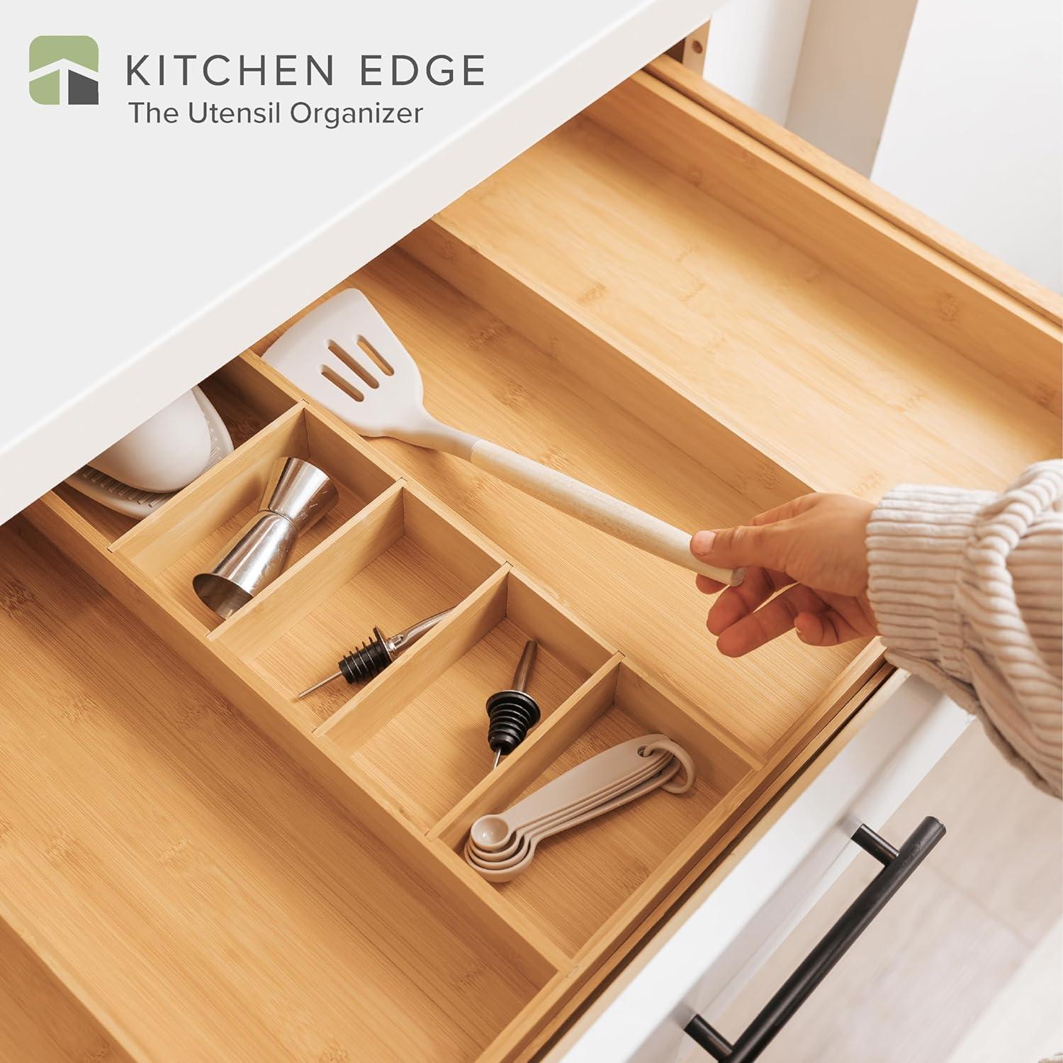 KitchenEdge Adjustable Kitchen Drawer Organizer for Utensils, Expandable to 33 in Wide, 9 Compartments, Bamboo