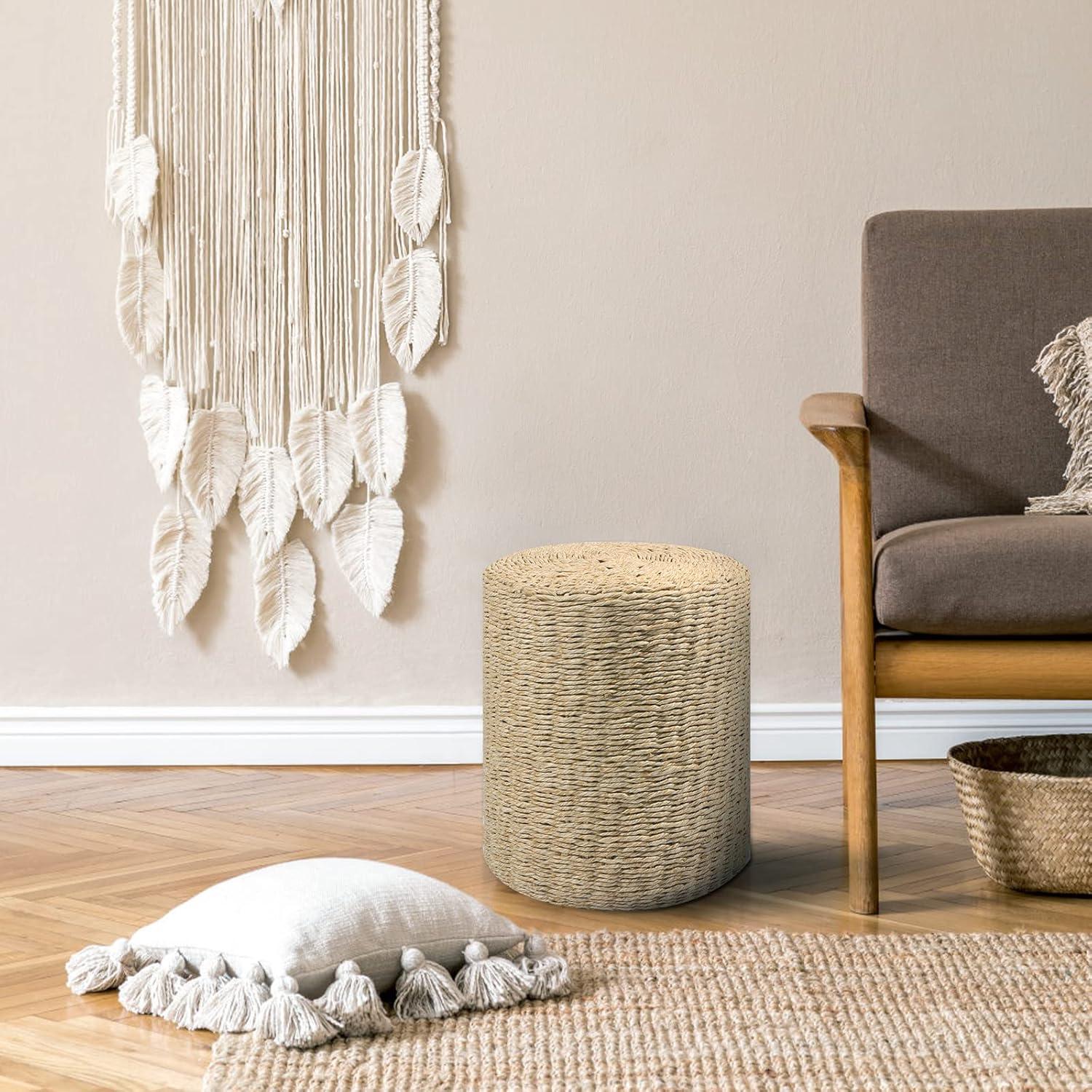 Mxfurhawa Pouf Ottoman Round Patio Foot Stool Outdoor, Natural Seagrass