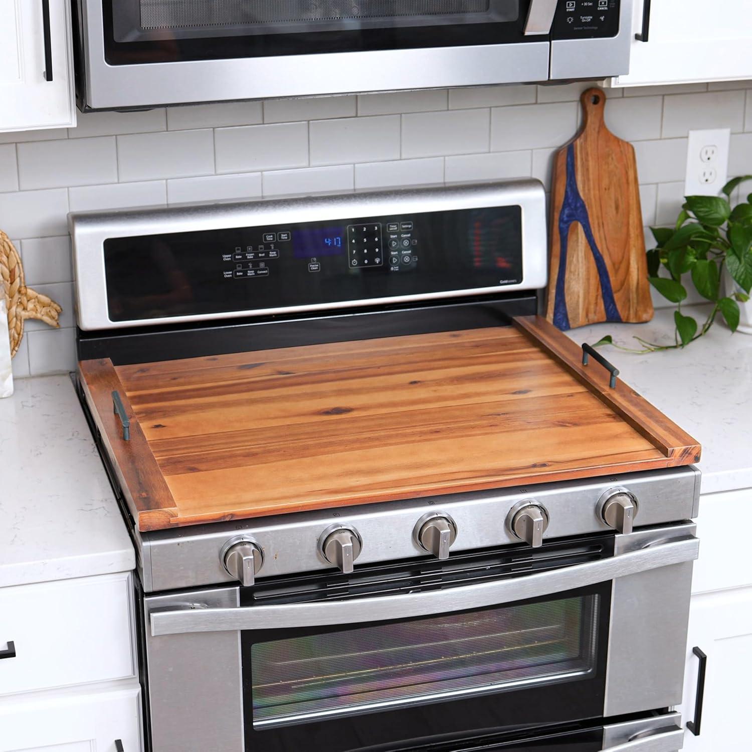 Acacia Wood Stove Top Cover with Metal Handles