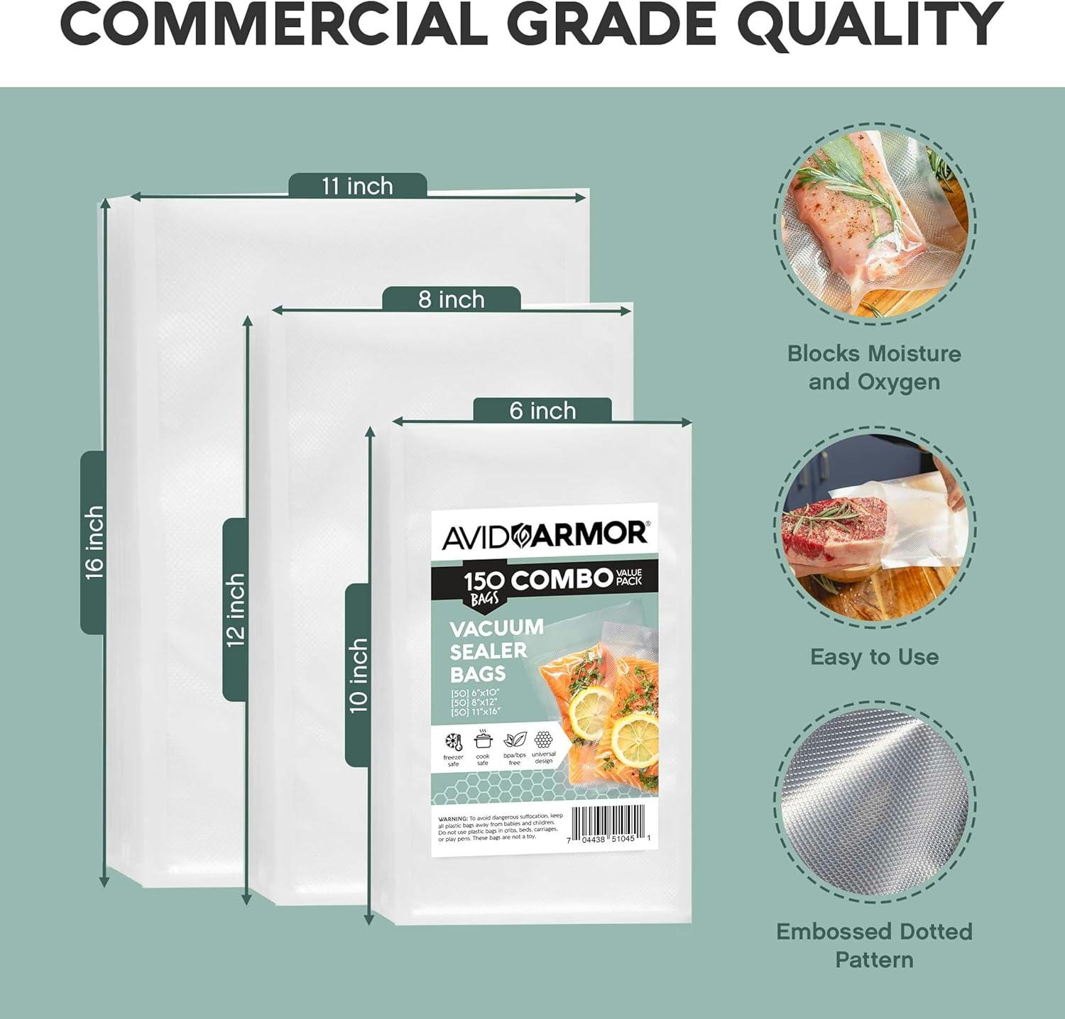 Avid Armor Combo Pre-Cut Vacuum Seal Bags, 150 Pack Food Saver Bags for Sealer, Clear Vacuum Sealer Bags, BPA-Free Food Saver Bags