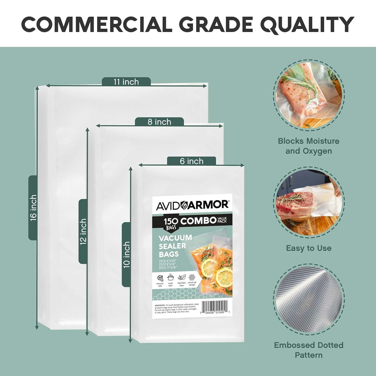 Avid Armor Combo Pre-Cut Vacuum Seal Bags, 150 Pack Food Saver Bags for Sealer, Clear Vacuum Sealer Bags, BPA-Free Food Saver Bags