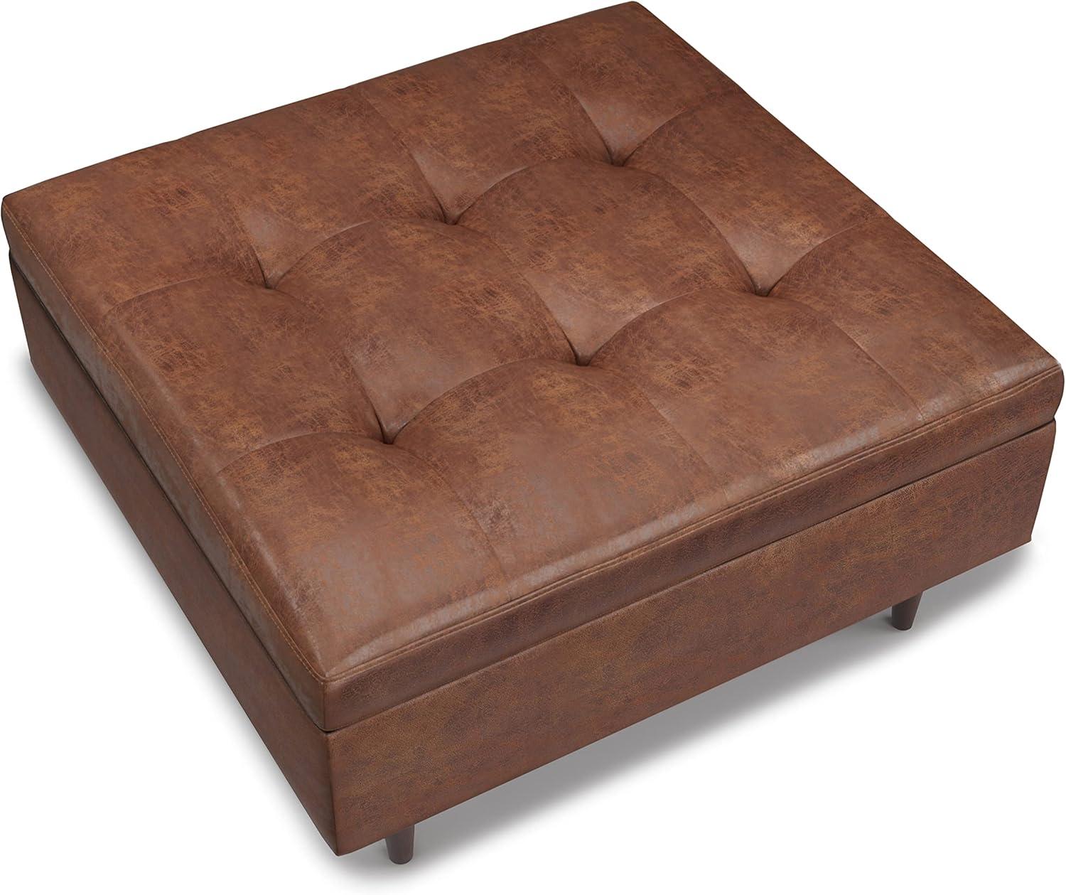 Simpli Home Shay 38 inch Wide Mid Century Modern Square Mid Century Large Square Coffee Table Storage Ottoman in Distressed Saddle Brown Vegan Faux Leather