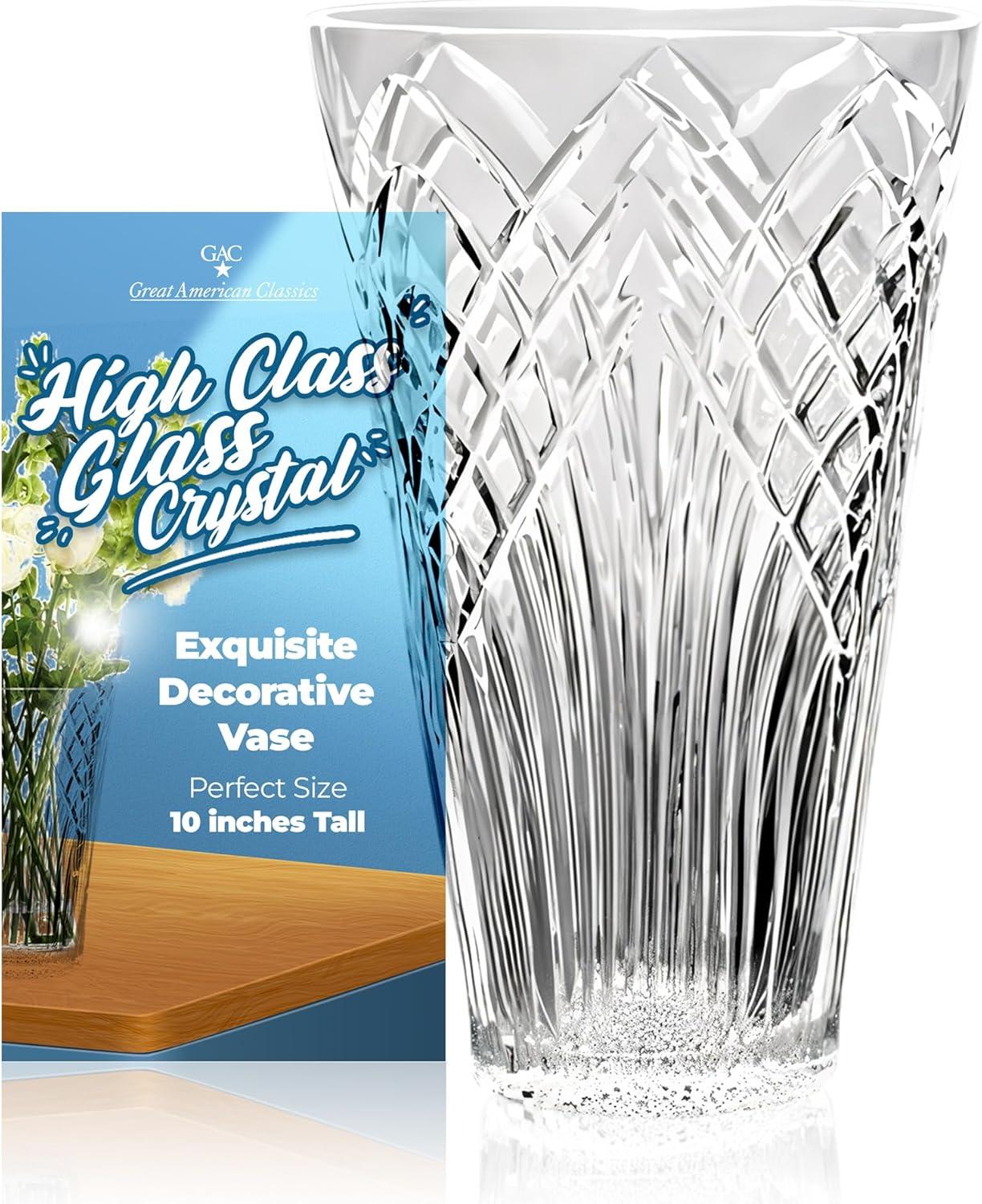 GAC Mouth-Blown Crystal Flower Vase - 10" Elegant Decorative Centerpiece for Table, Dining, Home Decor, & Weddings. Ideal for Floral Arrangements, Modern Crystal Design, Glass Vase for Living Room