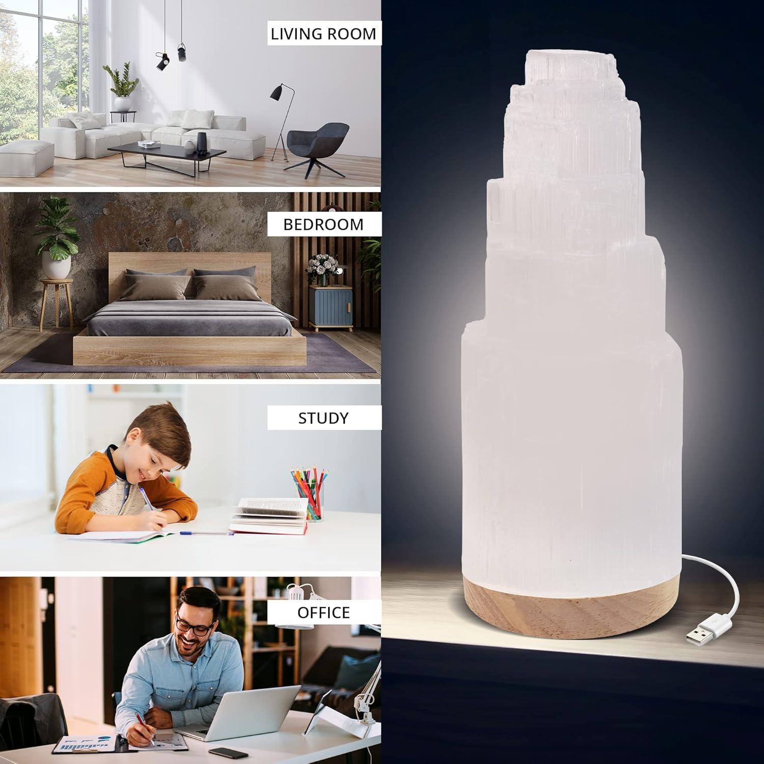 Moroccan White Selenite USB Desk Lamp with Crystal Shade, 7 Inch