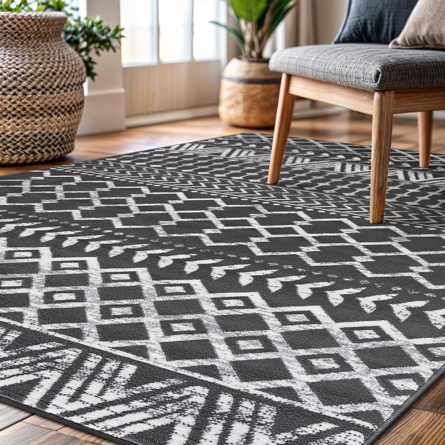 CAMILSON Boho Moroccan Dark Gray Rug Geometric Diamond 8x10 Area Rugs for Living Room Bedroom Kitchen Modern Bohemian Soft Stain Resistant Non-Shedding Indoor Carpet (8 x 10 Dark Grey and Cream)