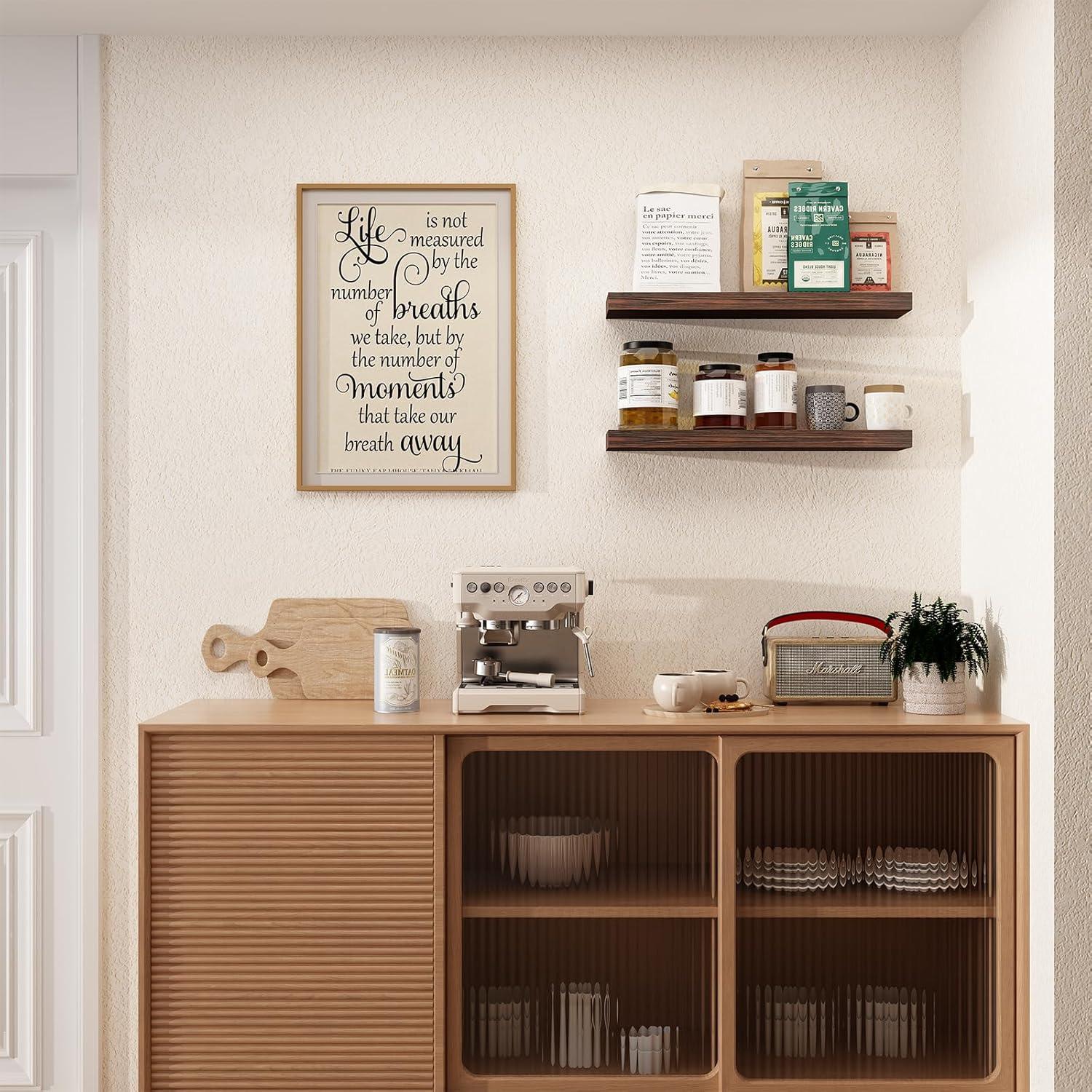 WELLAND Bradley Handmade Wood Floating Shelves Rustic Wall-Mounted Shelves, Set of 2, Walnut Finish