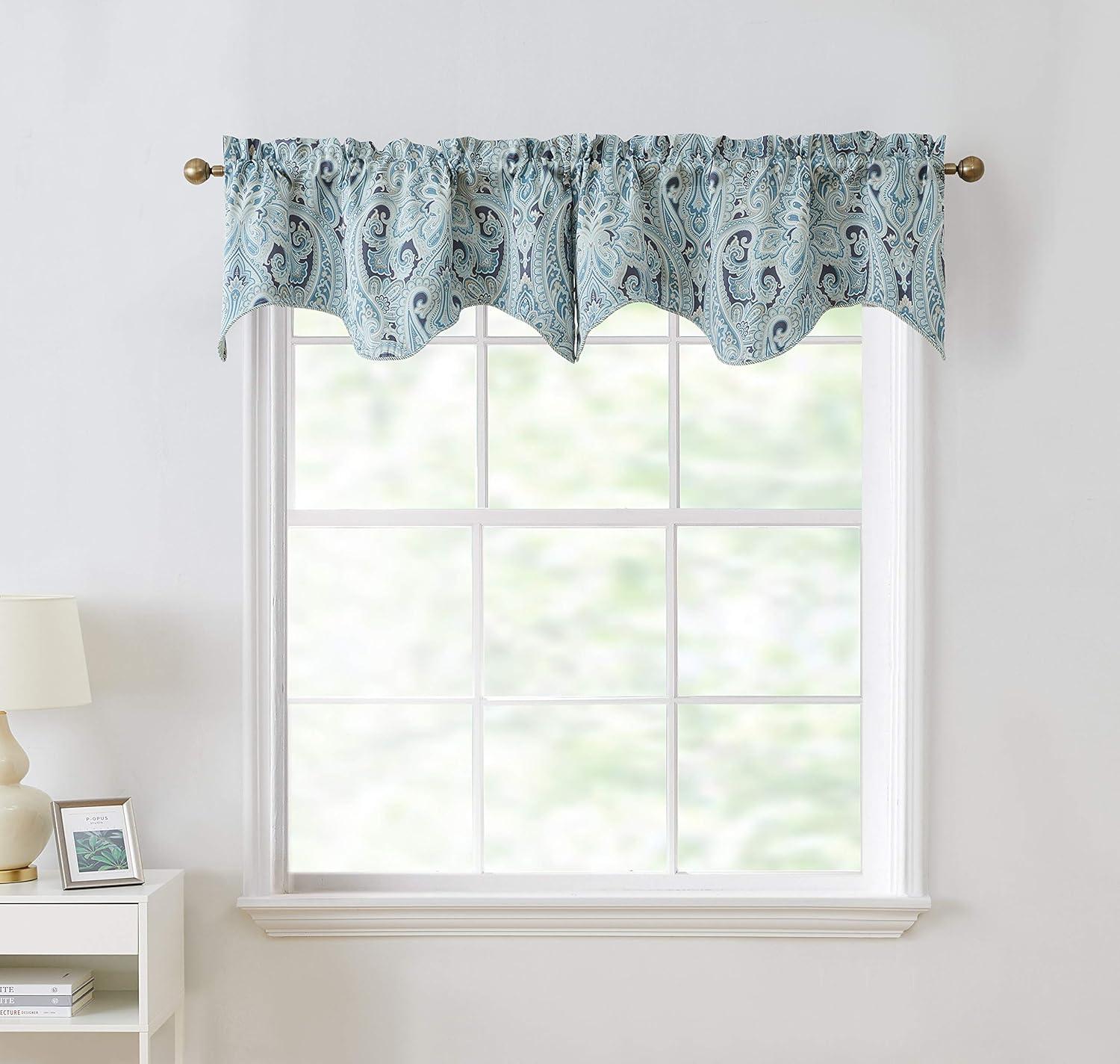 HLC.ME Paris Paisley Rod Pocket Short Scalloped Curtain Valance Basement, Bathroom, Kitchen and Small Windows - Blue, 50 W x 20 L