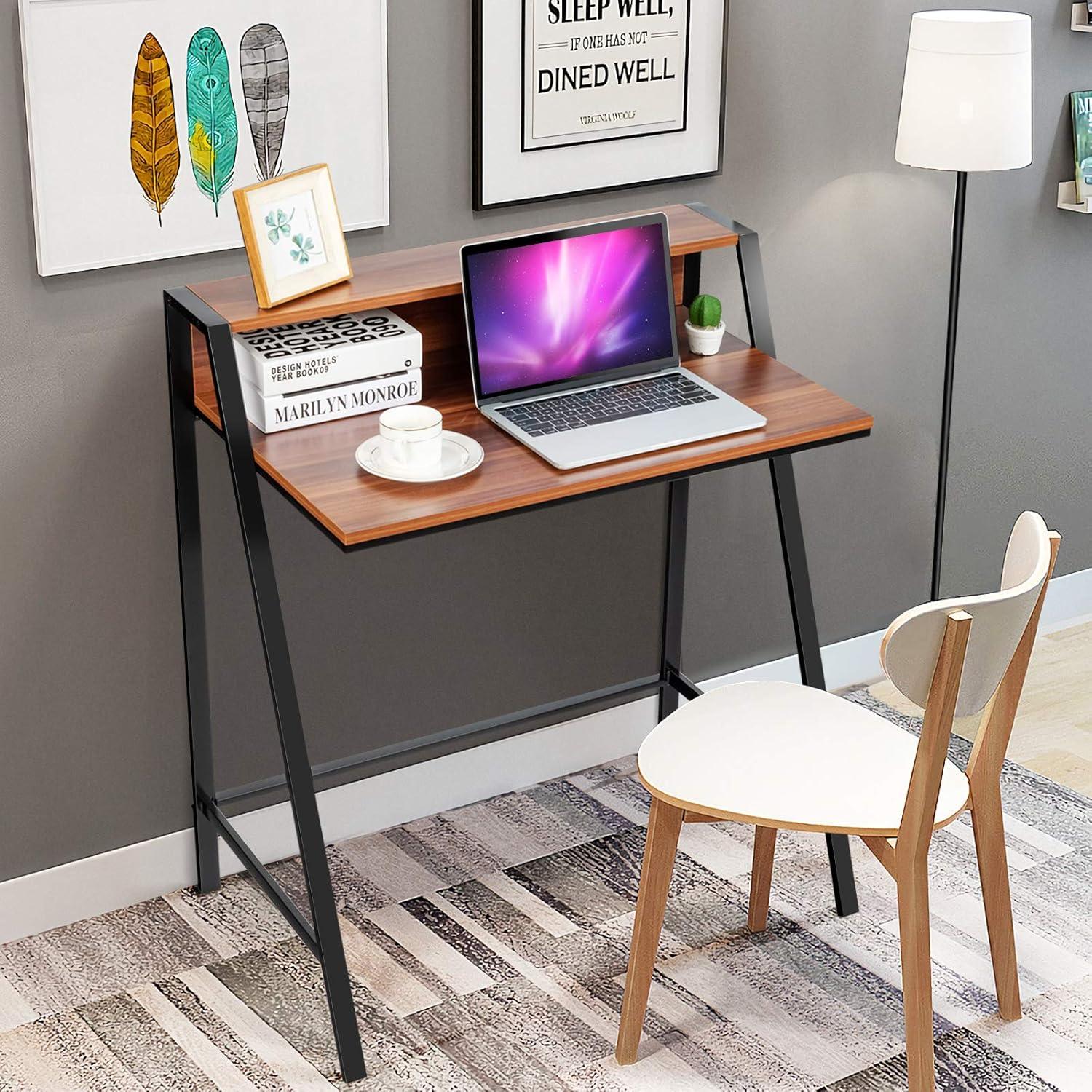 Walnut and Black 2-Tier Computer Desk with Iron Frame