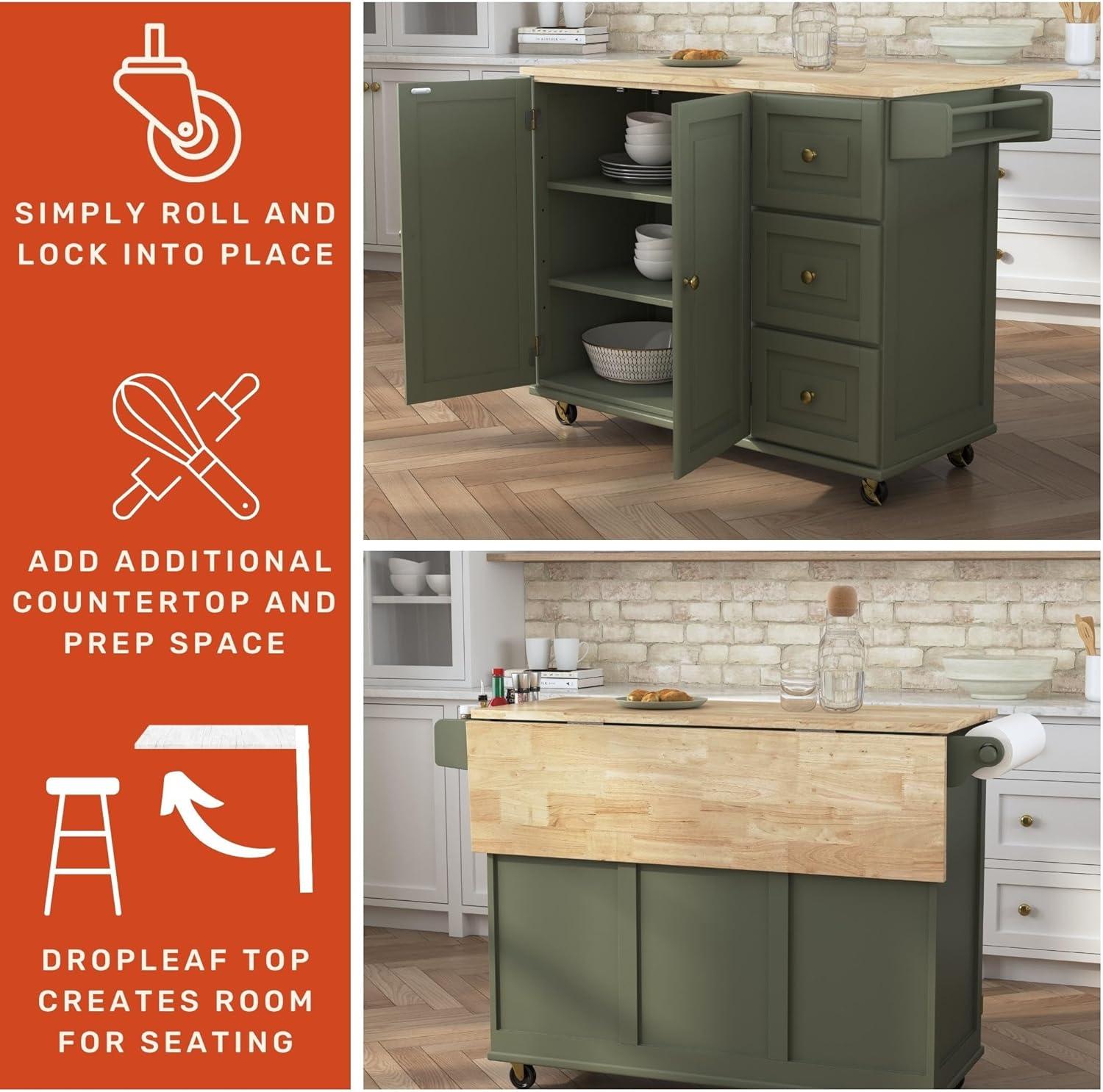 Homestyles Dolly Madison Engineered Wood Kitchen Cart in Sage Green/Brass