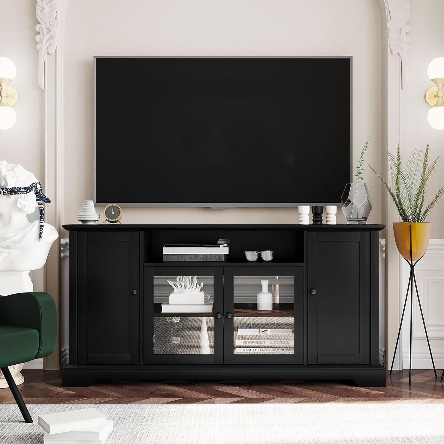 Black Transitional TV Stand with Glass Doors and Adjustable Shelves