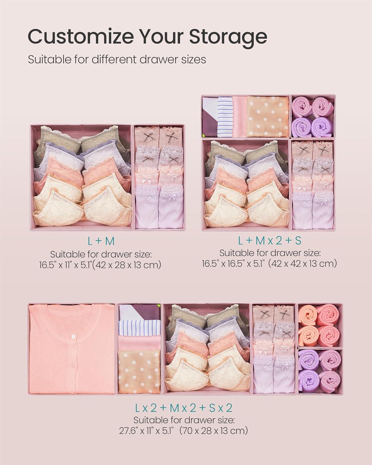 SONGMICS Drawer Organizers, Dresser Divider Organizers, Set of 12, Foldable Fabric Storage Boxes for Socks, Underwear, Bras, Ties, Scarves, Jelly Pink URDZ006R01