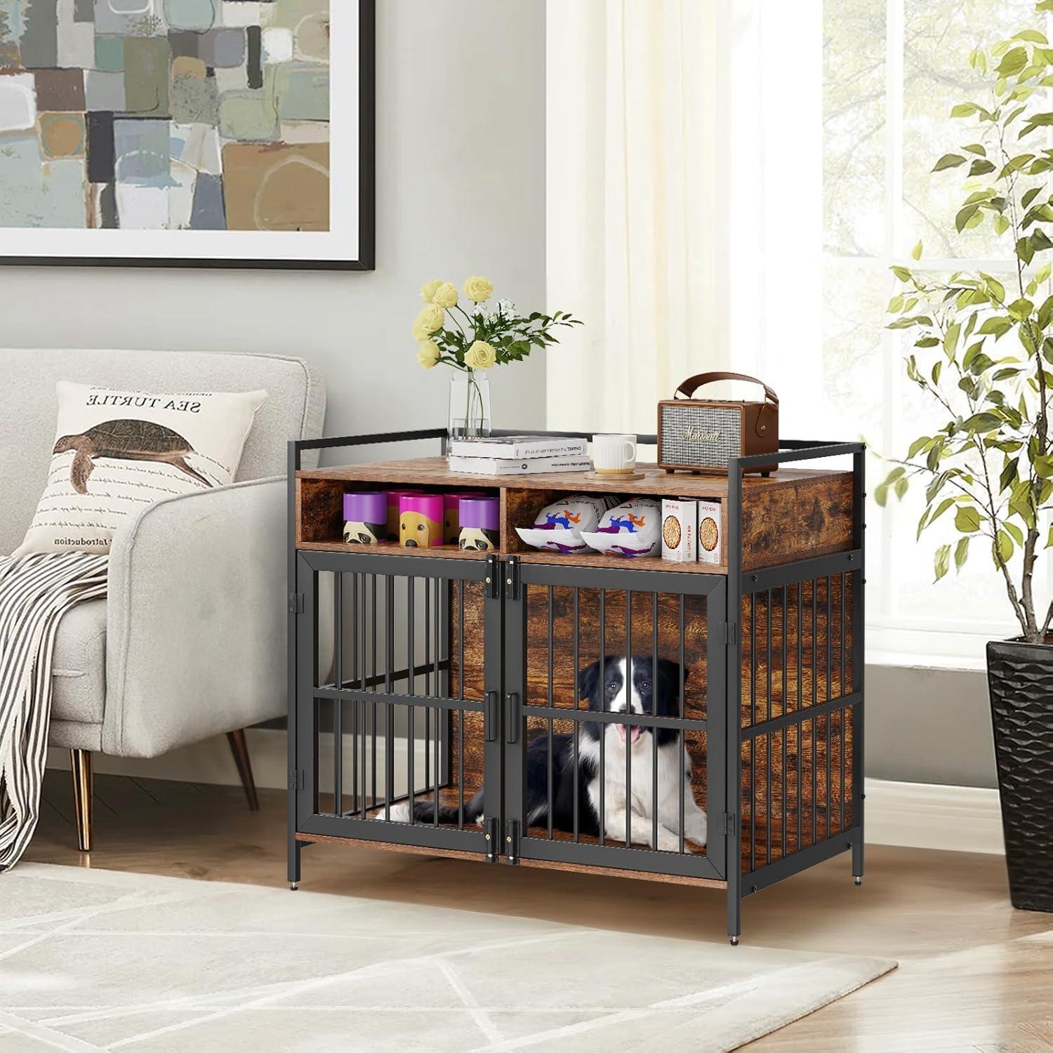 Large Rustic Brown Wooden Dog Crate with Storage