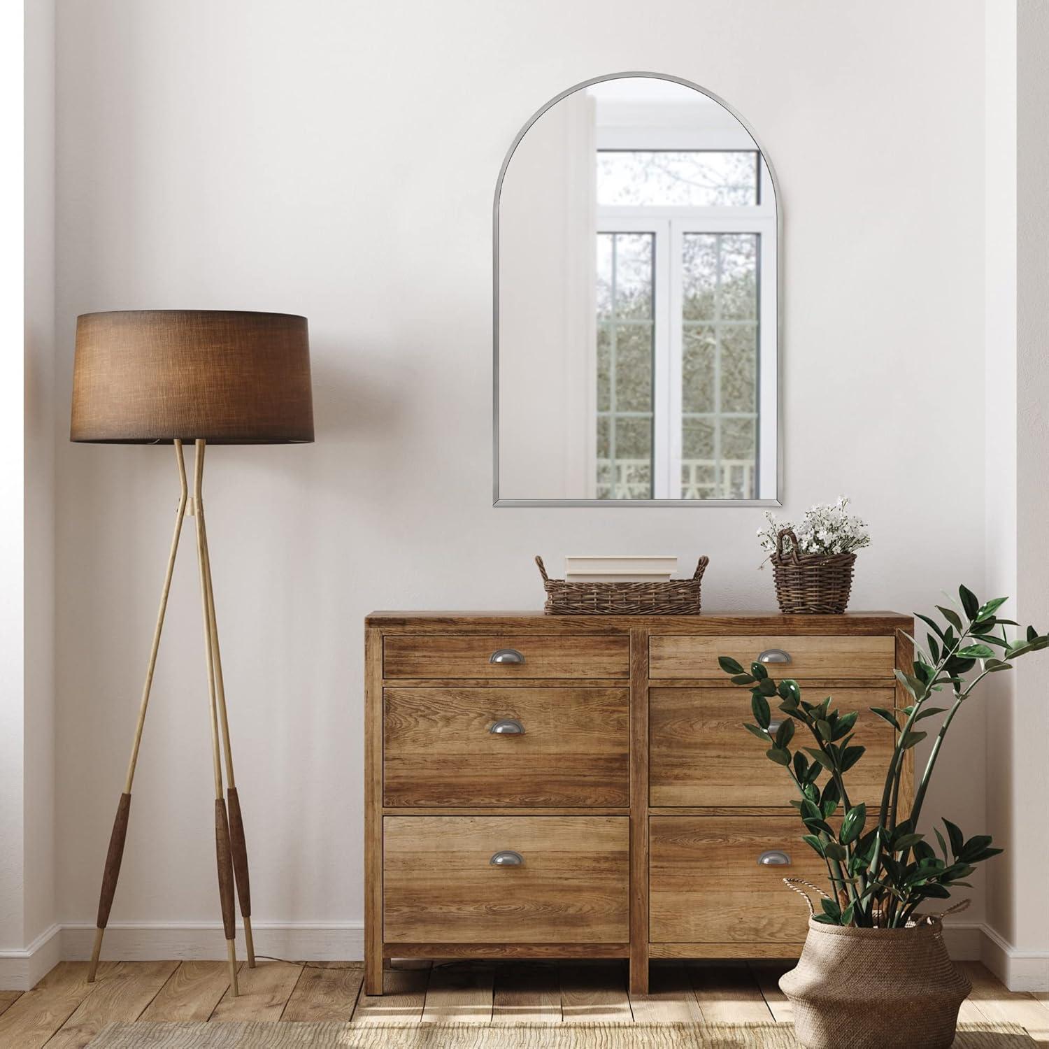 Maeve Arched Wall Accent Mirror – 36-Inch H X 24-Inch L, Modern Metal Framed – Living Room, Bedroom, Bathroom Vanity Mirror – Silver – Design House, 596726-SLV