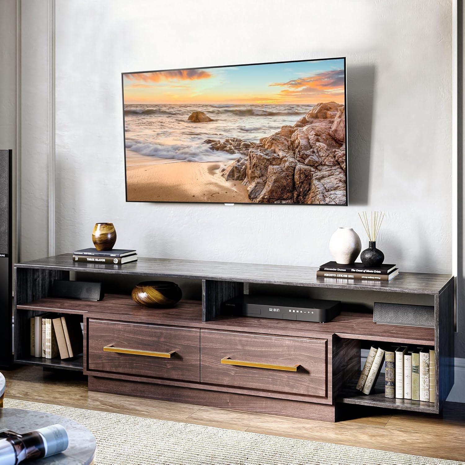 BELLEZE 70" Mid-Century Modern TV Stand with Open Shelves and Drawers, Entertainment or Media Console for TVs Up to 75" - Kamari (Dark Walnut)