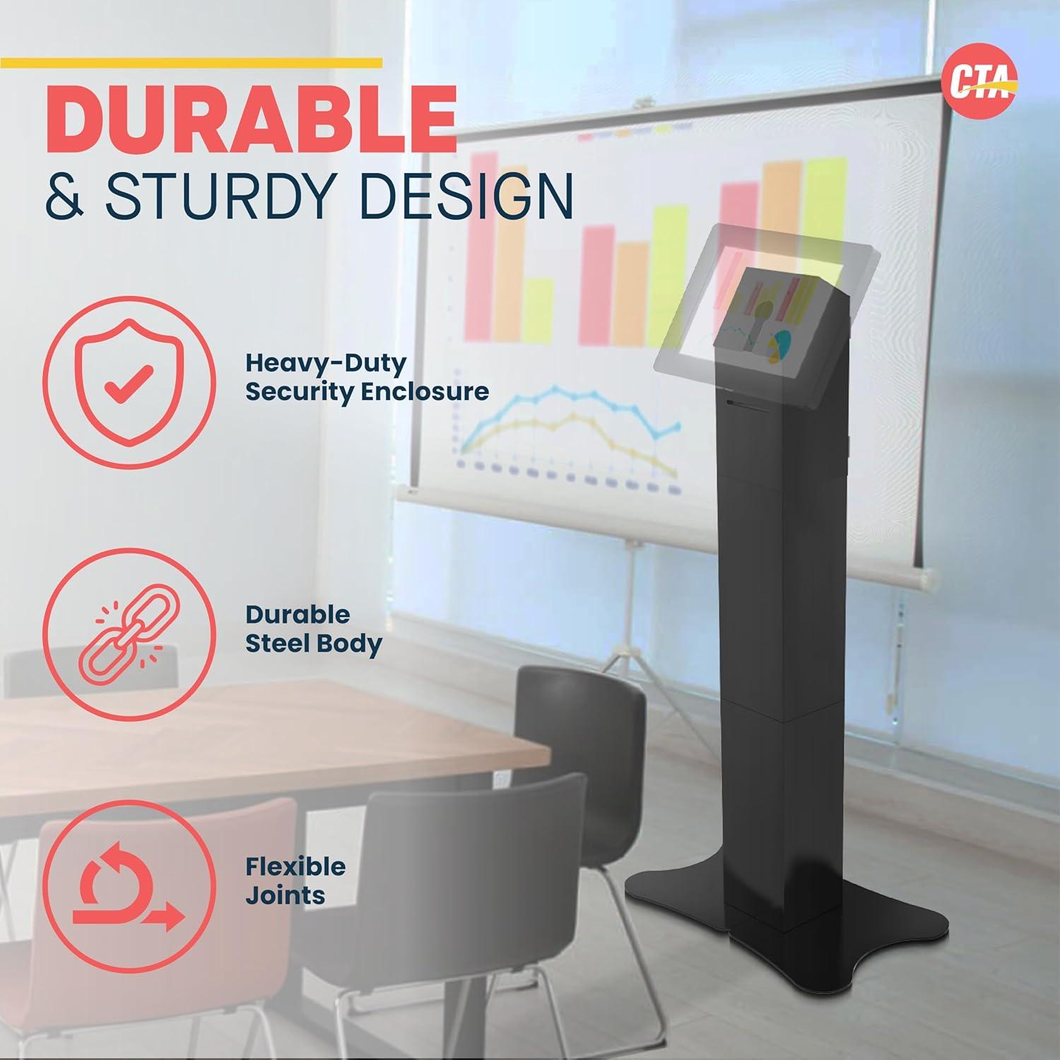 CTA Digital Kiosk with Printer Shelf VESA Compatible Floor Stand Kiosk with Enclosed Printer Storage & Cable Management for Retail POS - Ordering Screens & More - Black (PAD-PARAFP)