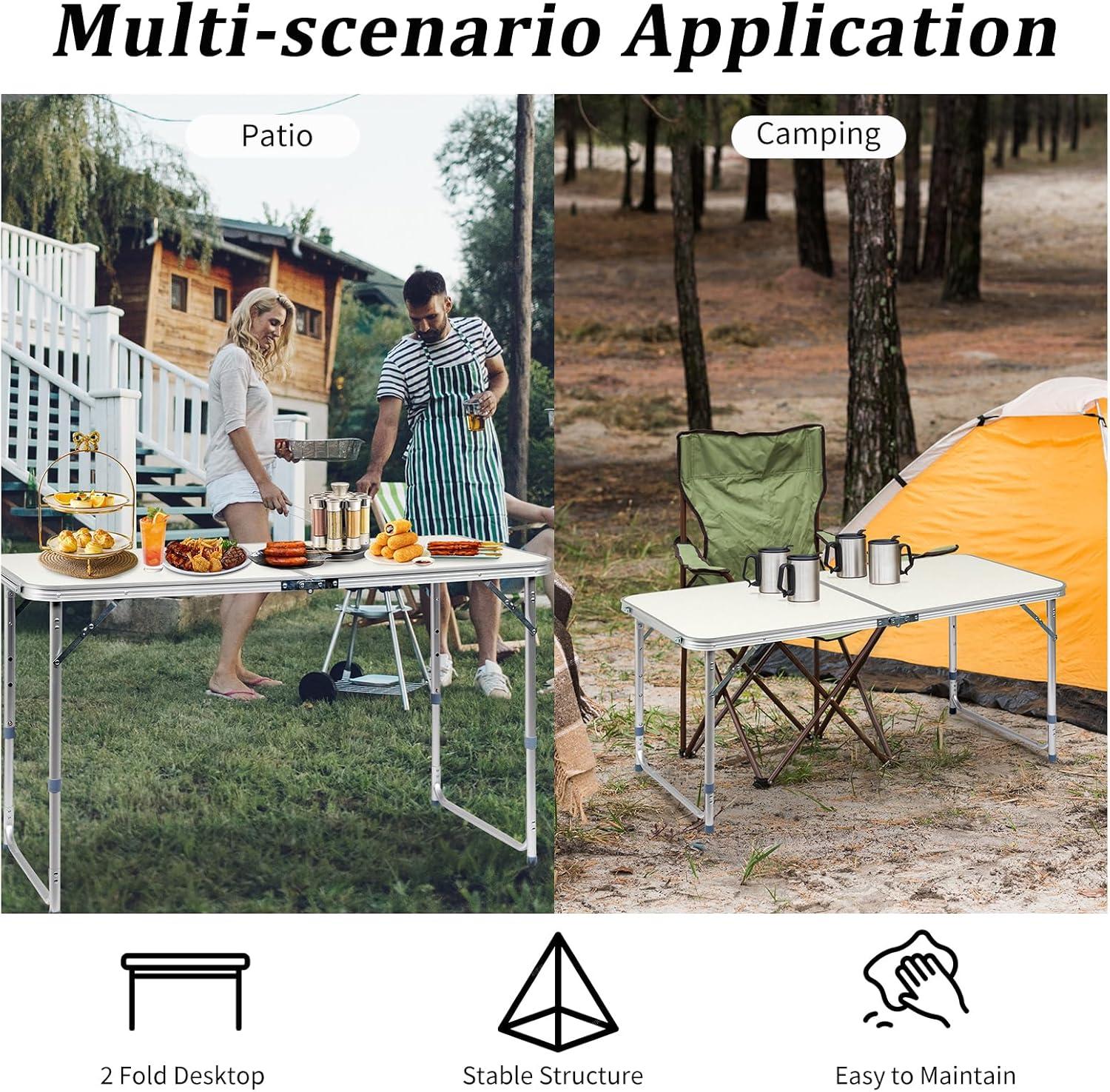 saney 4ft Portable Folding Camping Table, Outdoor Waterproof Adjustable Height Table, Aluminum Lightweight Suitcase Foldable Table for Picnic BBQ Beach Dining