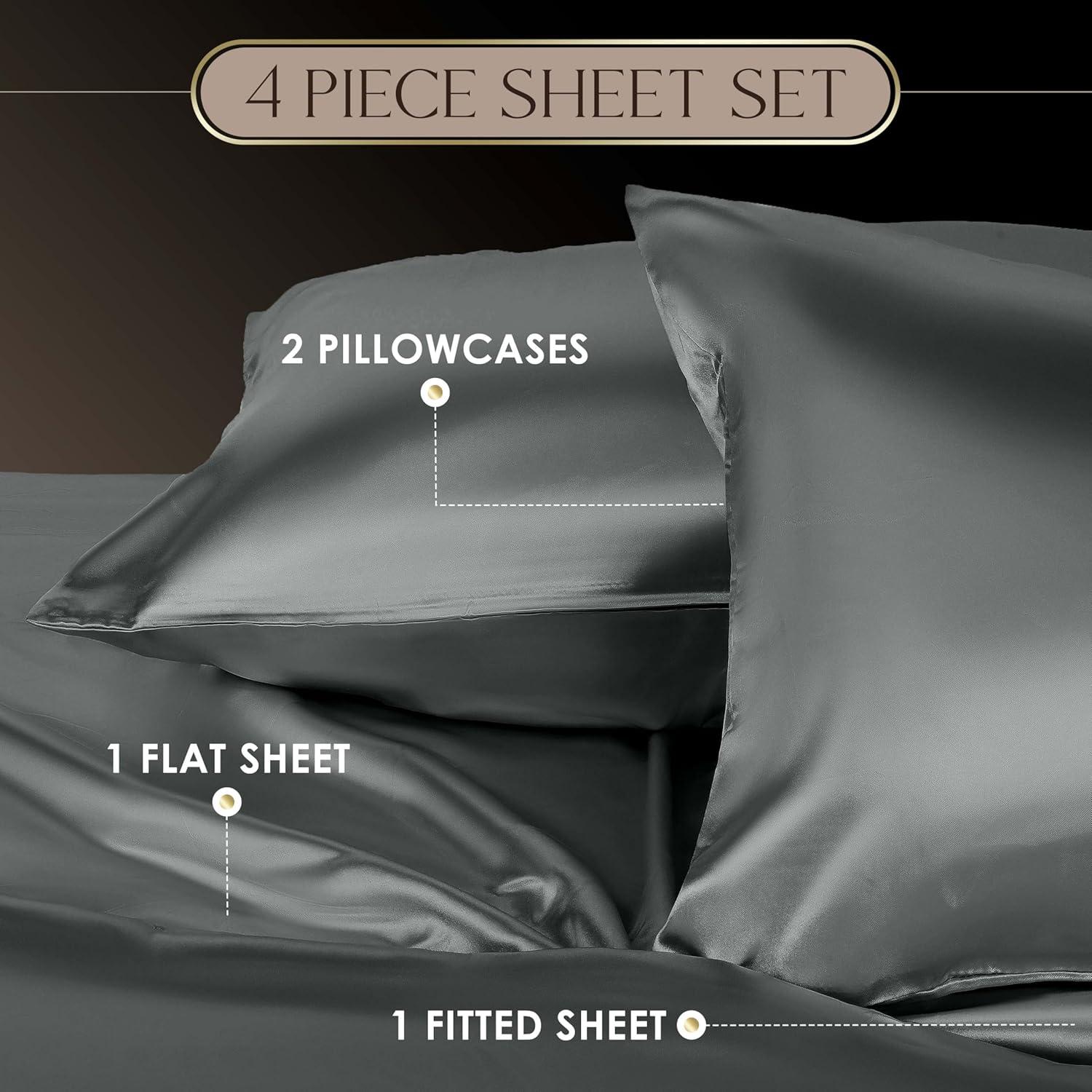 Martex Satin Silk Full Sheet Set - Soft & Breathable, For Hair & Skin (4pc), Silver