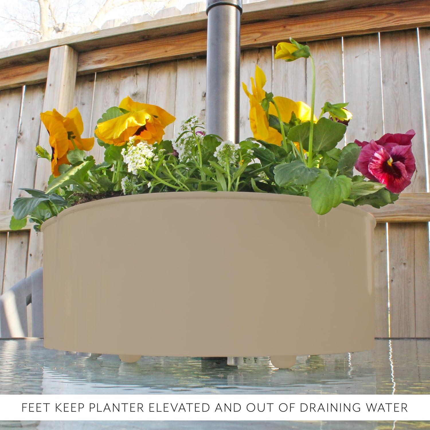 AuldHome Design Greige Round Umbrella Planter for Patio Table, Enamelware Half-Circle Planter Pots