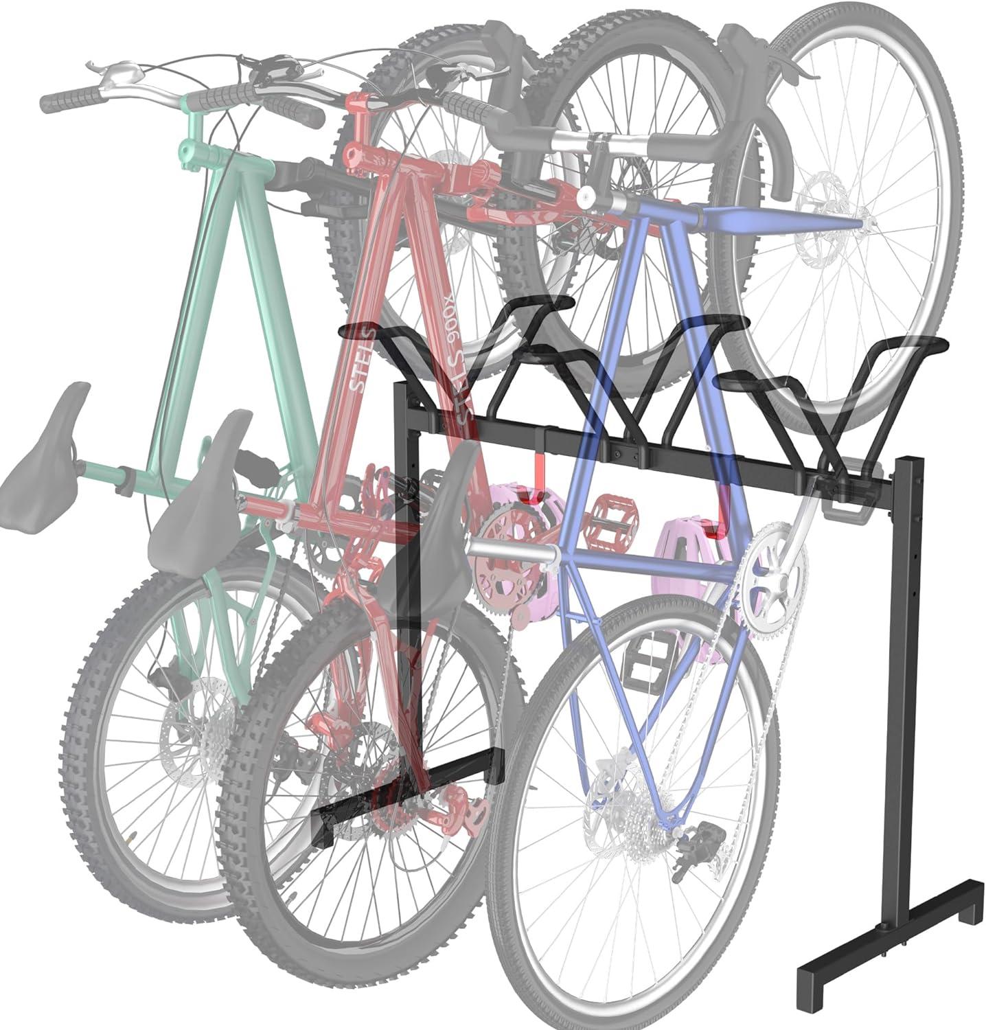 Adjustable Black Steel 3-Bike Freestanding Storage Rack