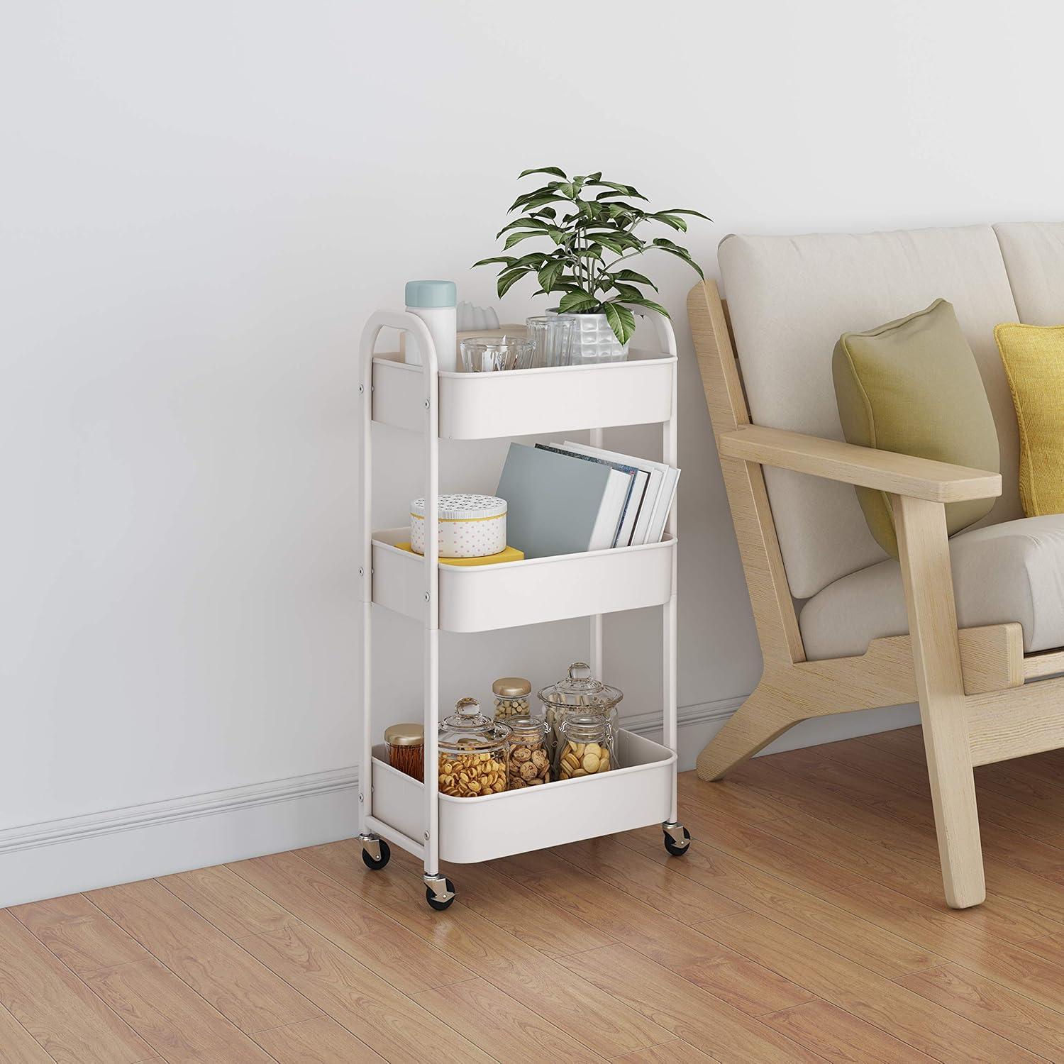 White Metal 3-Tier Rolling Utility Cart with Wheels