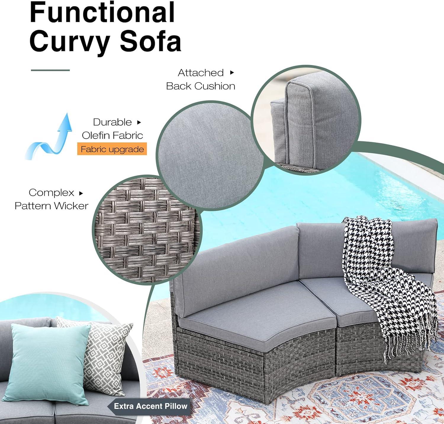 Grey Wicker 7-Piece Half-Moon Outdoor Sofa Set with Coffee Table