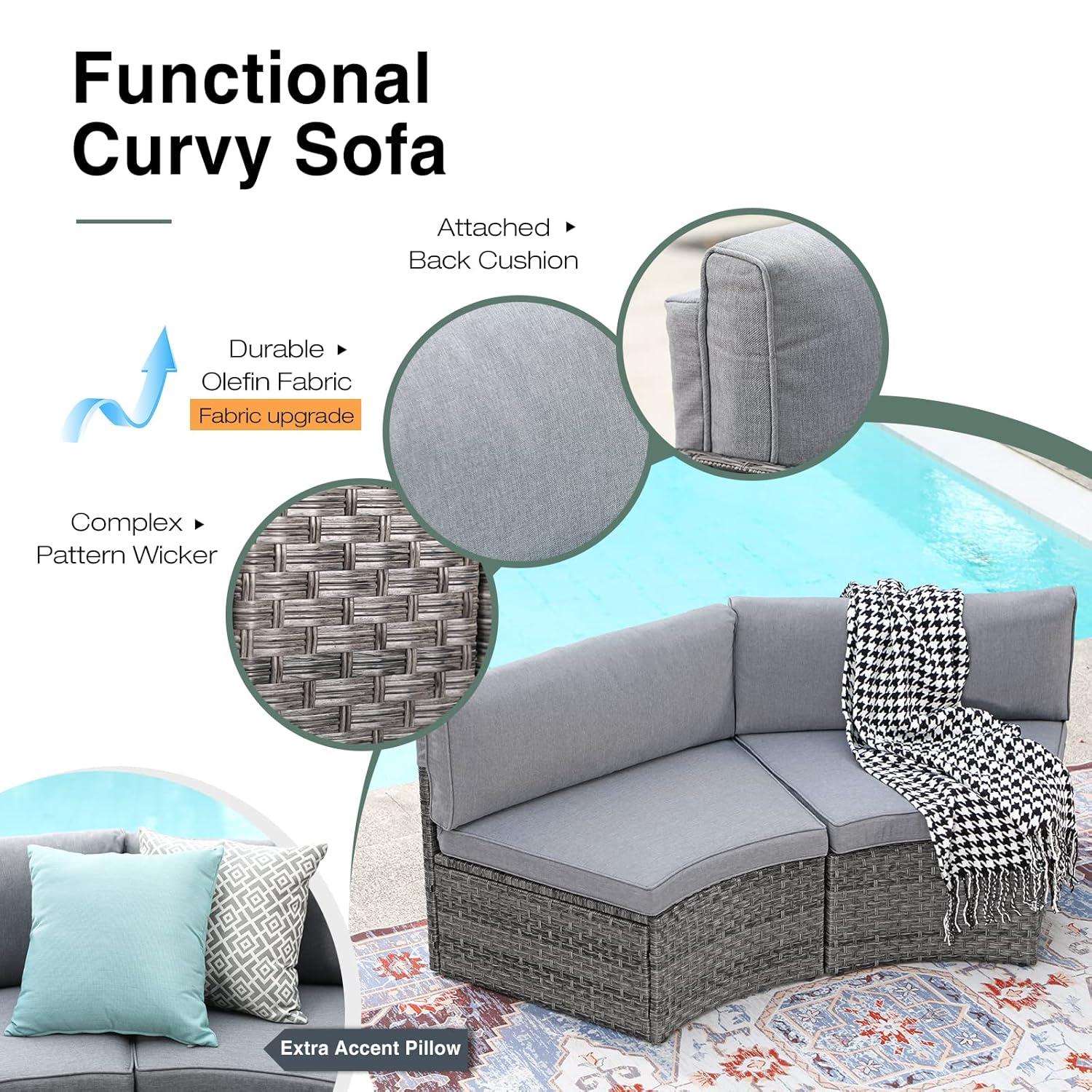 SUNSITT Outdoor Patio Furniture Sectional 7-Piece Half-Moon Curved Outdoor Sofa Set with Round Coffee Table, 4 Pillows & Waterproof Cover, Grey Rattan