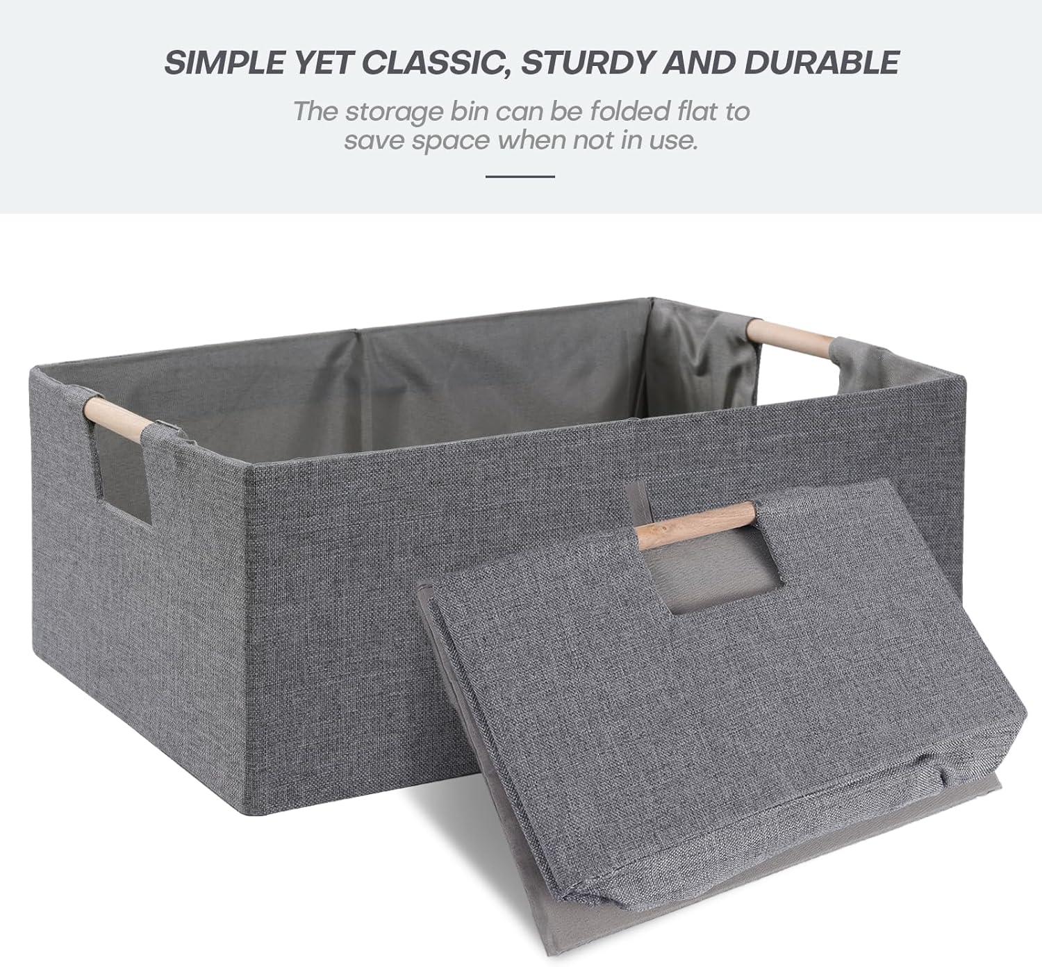 Gray Fabric Storage Baskets with Wood Handles, Set of 2