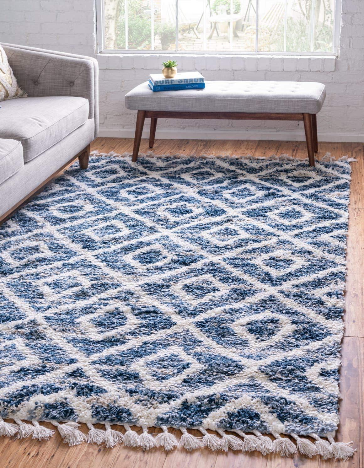 Handmade Athena Shag Geometric Blue 9' x 12' Easy-Care Area Rug