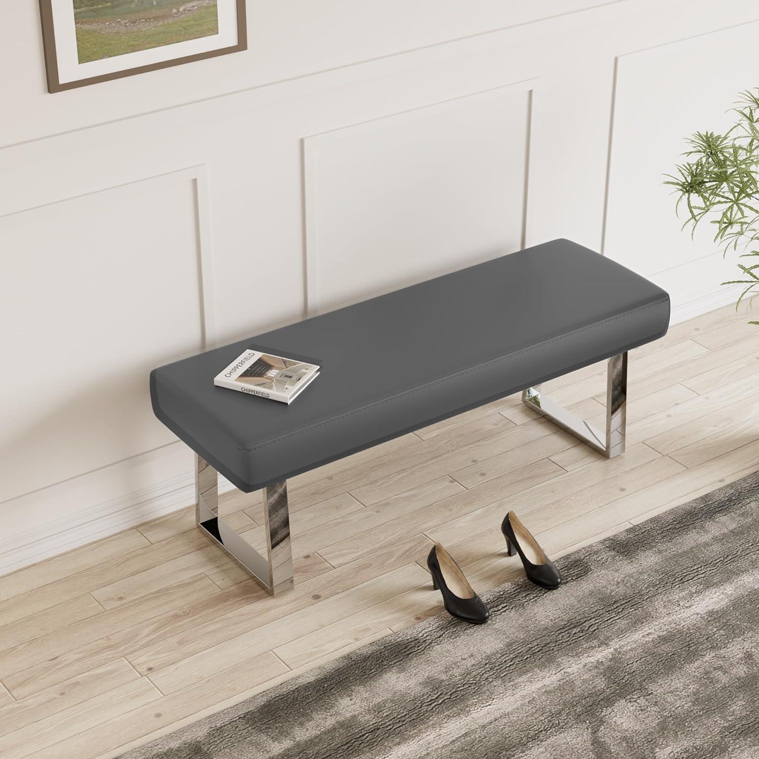 Gray Faux Leather Bedroom Bench with Chrome Metal Legs