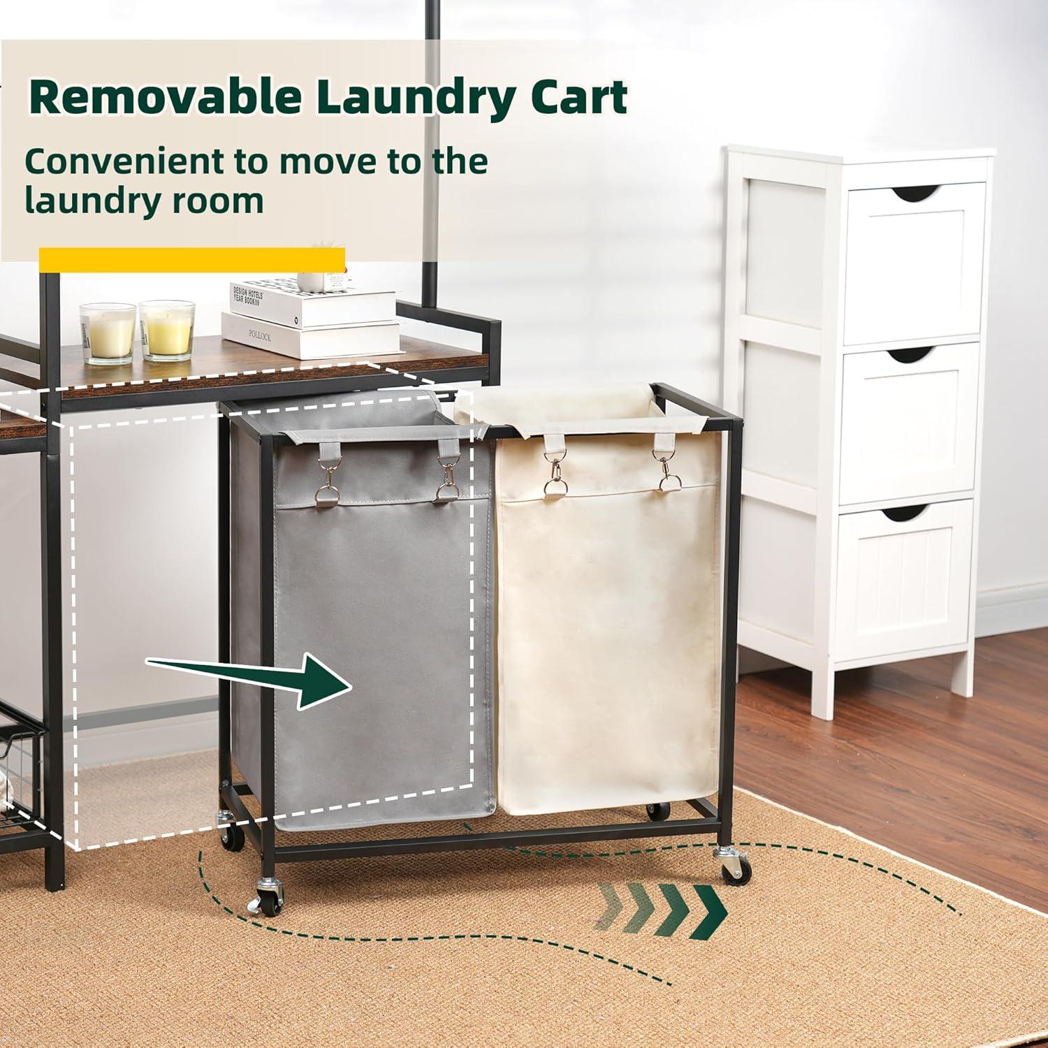 VASAGLE Clothes Rack with Laundry Hamper Removable Laundry Basket with Shelf Rustic Brown and Black