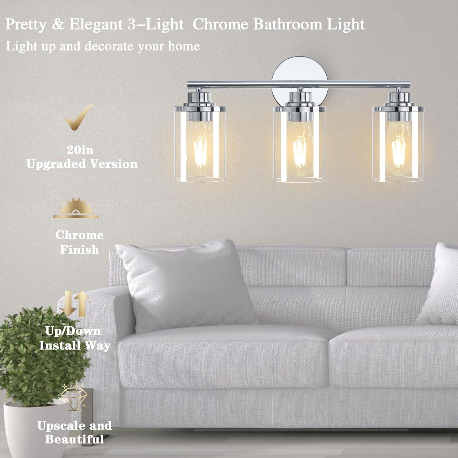 3-Light Bathroom Light Fixtures, Brushed Nickel Vanity Light, Farmhouse Wall Lights with Clear Glass Shade, Bathroom Wall Lamp for Mirror Kitchen Bedroom Hallway Living Room Hallway Cabinet