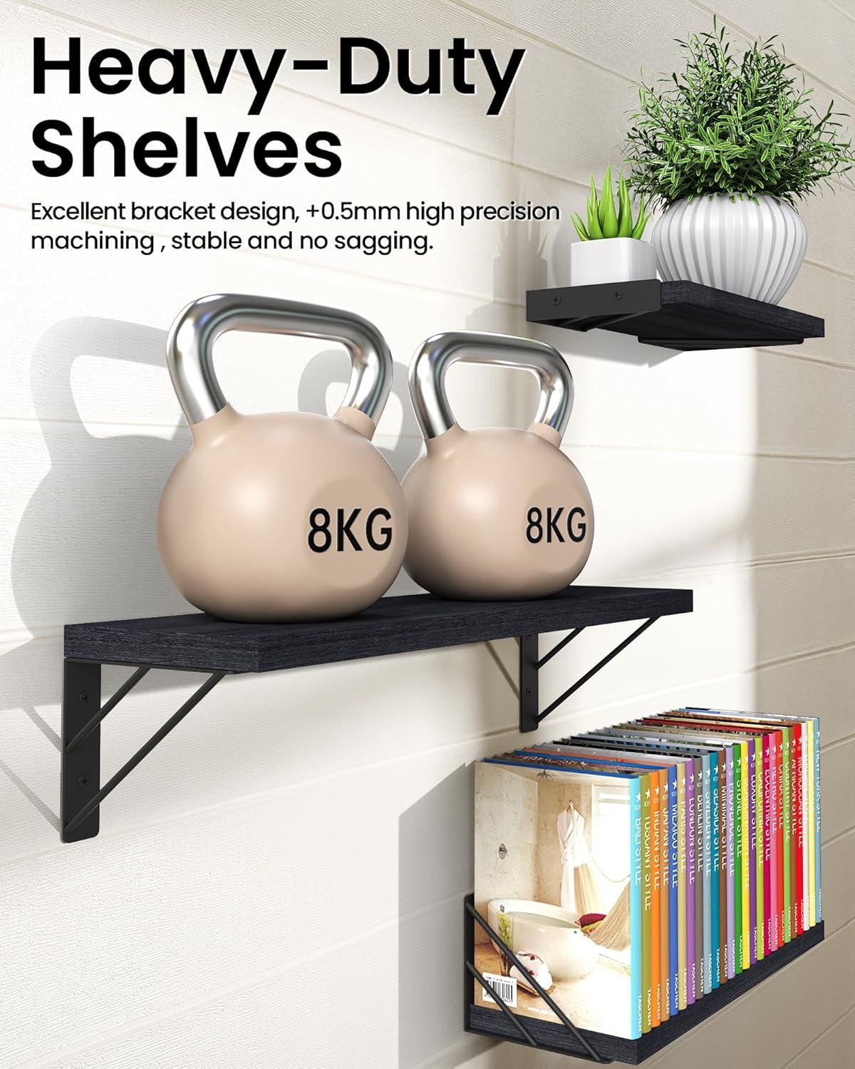 BAYKA Wall Mounted Floating Shelves, Wood Floating Wall Shelf for Books & Decor, Small Space-Saving Display & Organizer（Black，Set of 3）