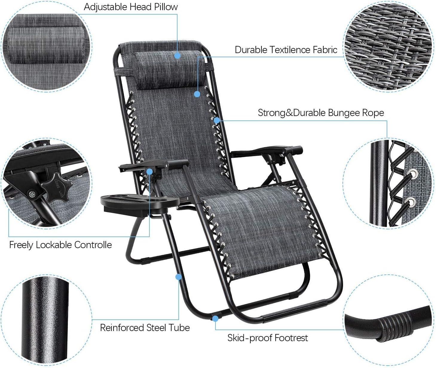 Adjustable Gray Steel Outdoor Zero Gravity Recliner Chairs with Pillow