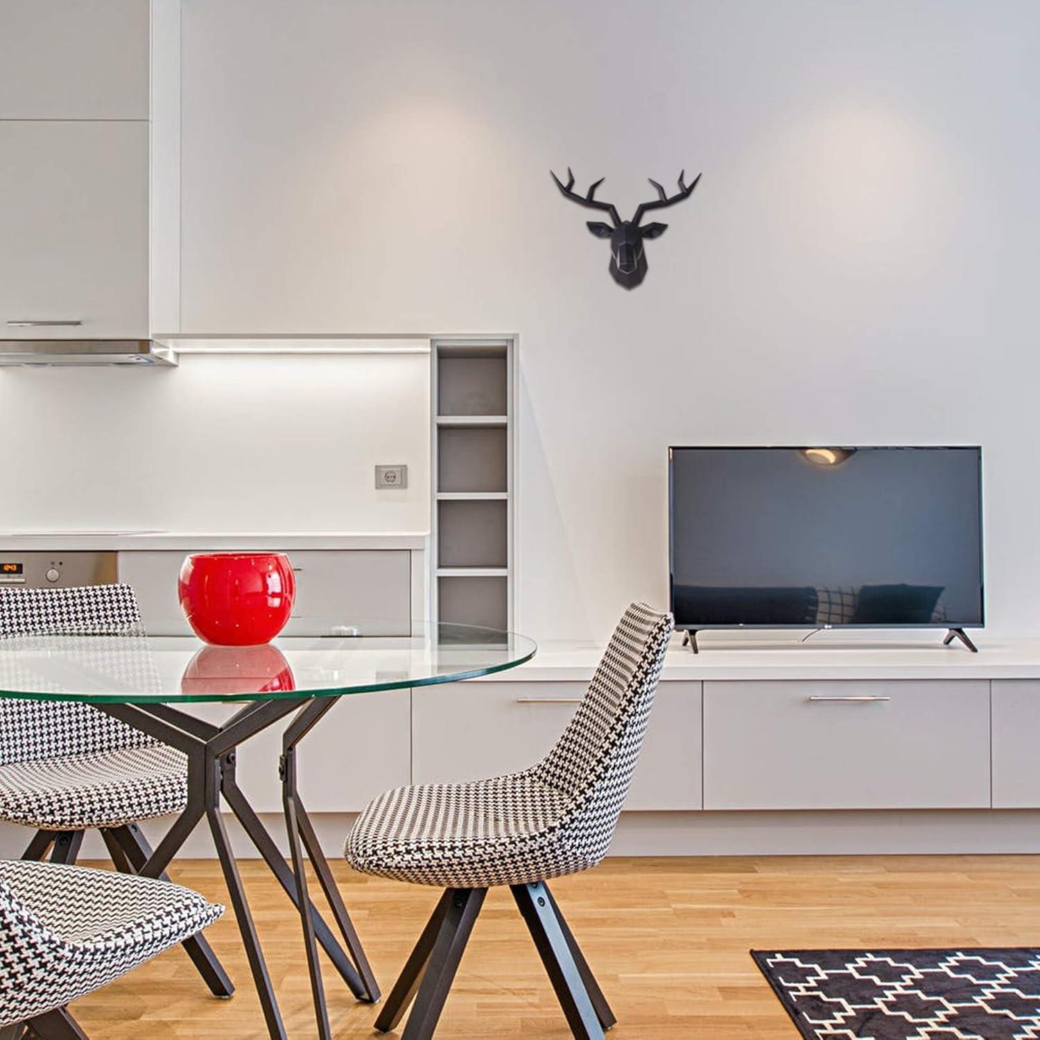 Deer Head Wall Decor Geometrical Black Deer Antlers Wall Sculpture Faux Taxidermy Resin Wall Animal Head 14x5.5x11 Inches