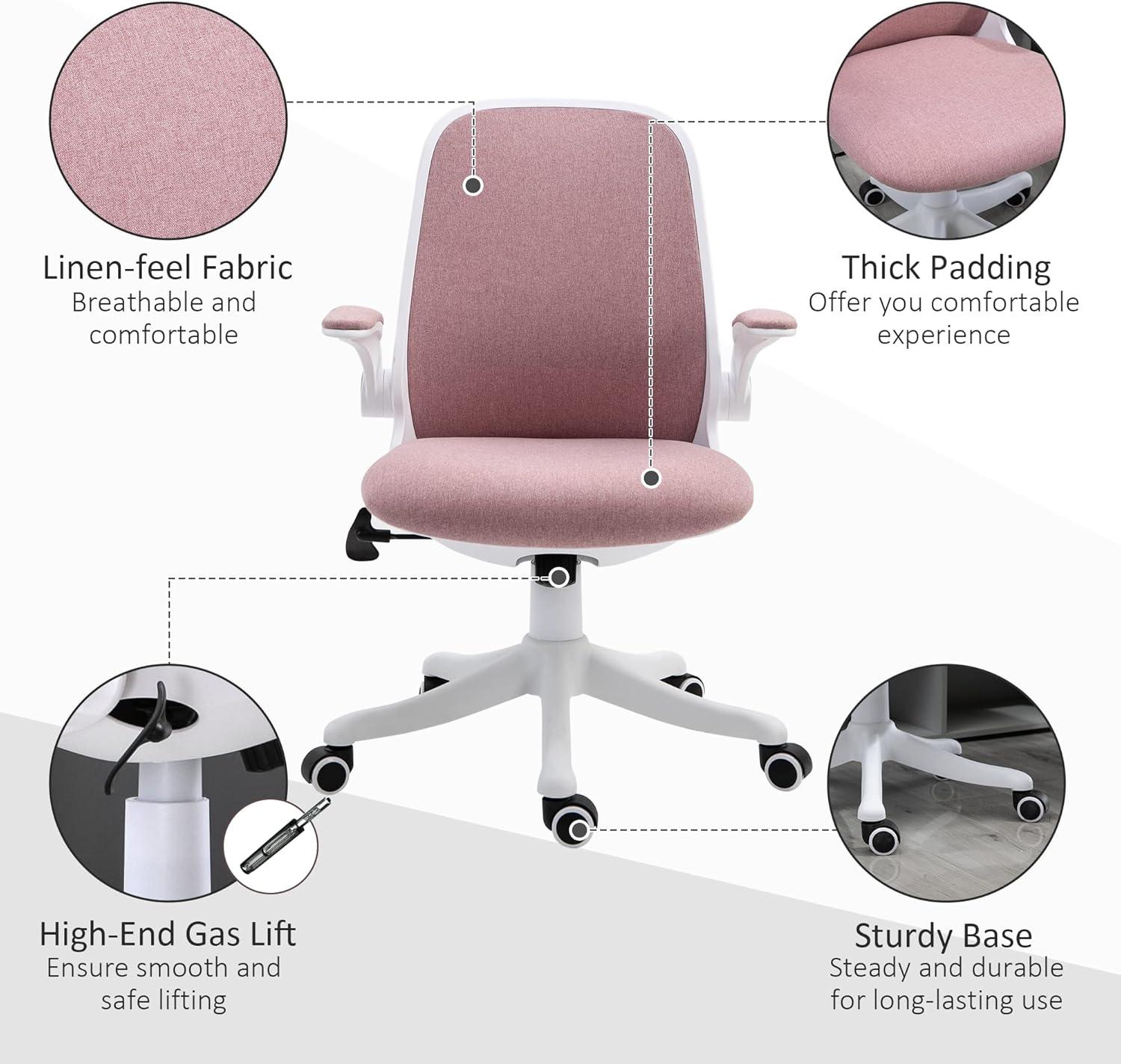 Vinsetto Linen-Touch Fabric Office Chair Swivel Task Chair with Adjustable Lumbar Support, Height and Flip-up Arms, Pink