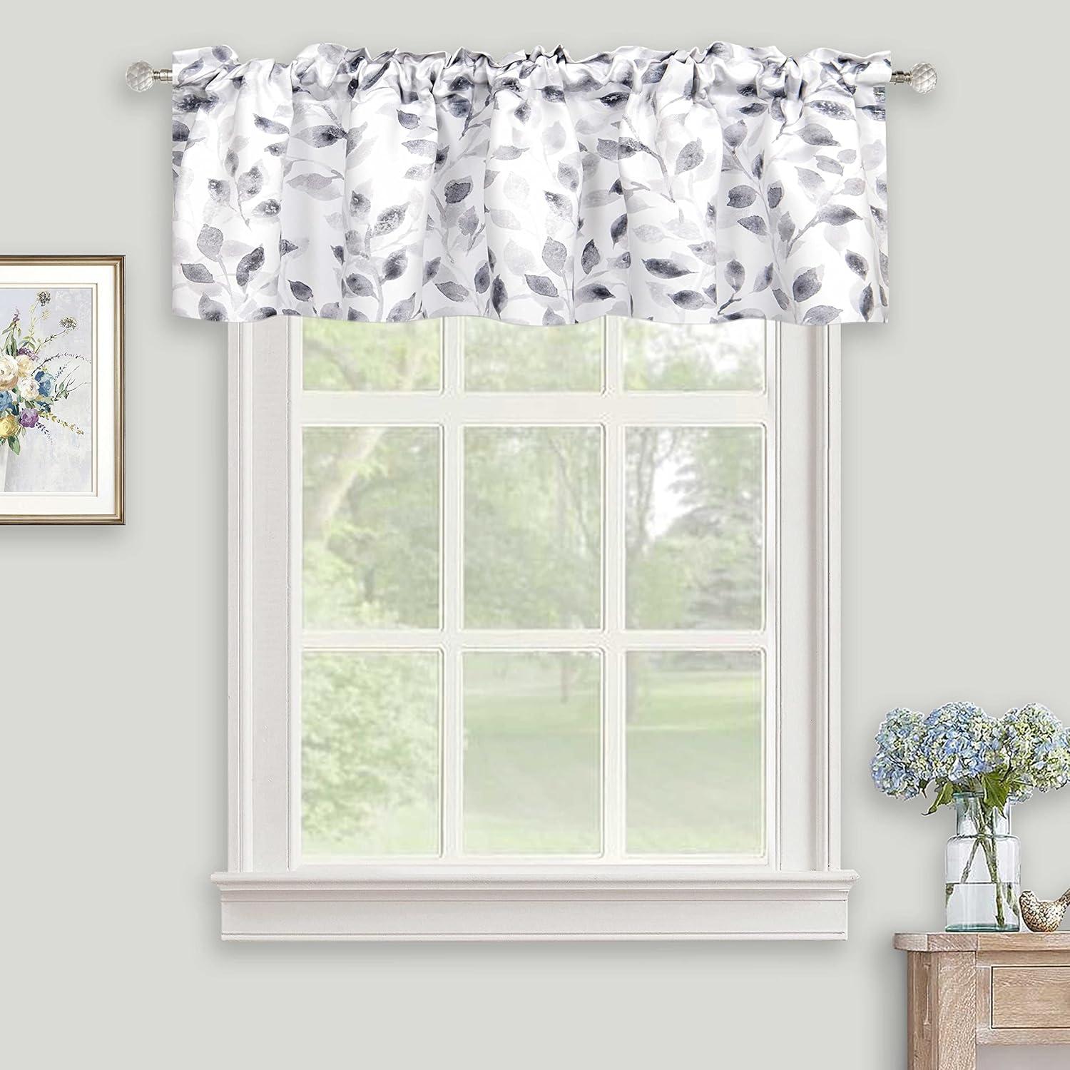 Gray and White Watercolor Leaves Rod Pocket Valance