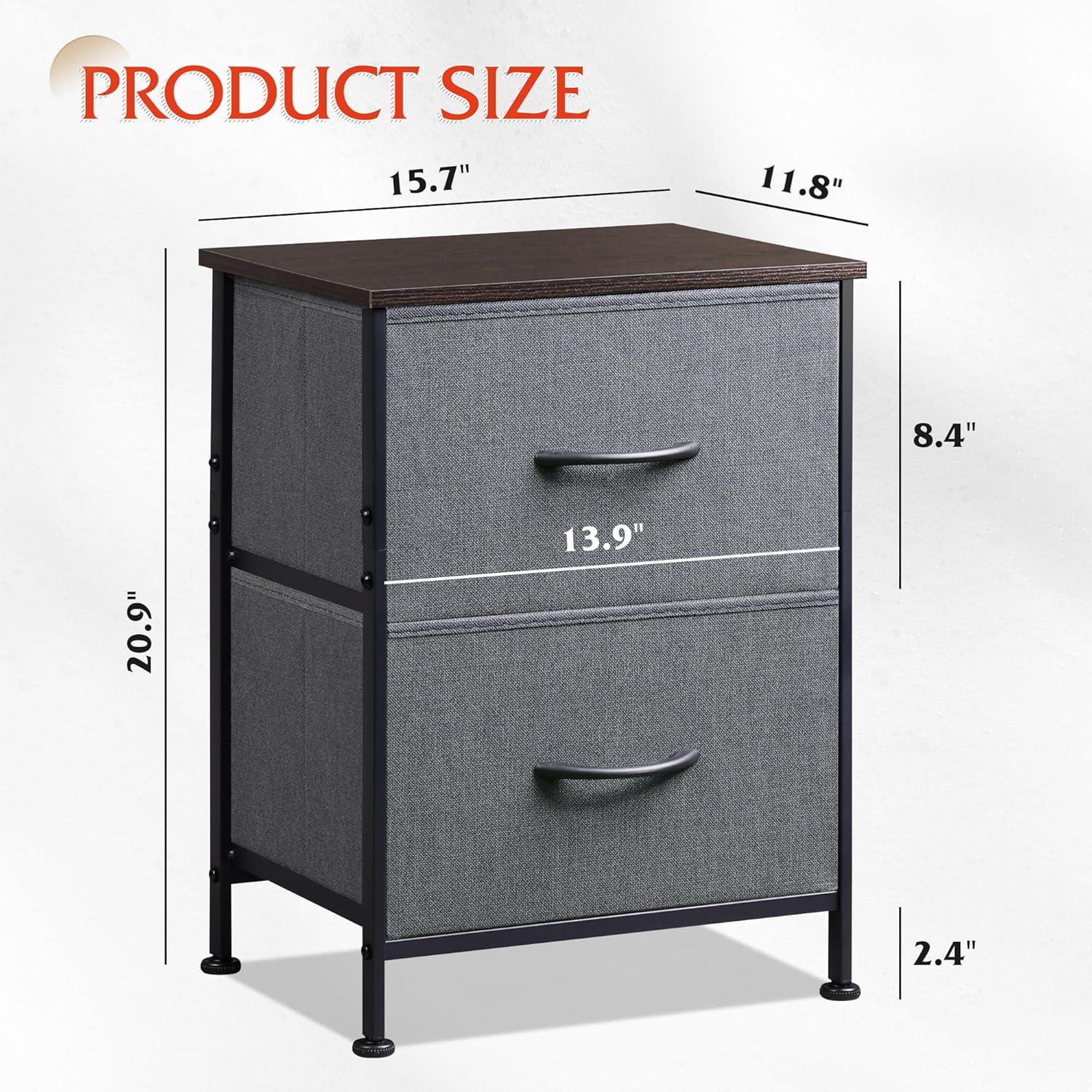 Dark Grey Fabric and Steel 2-Drawer Nightstand