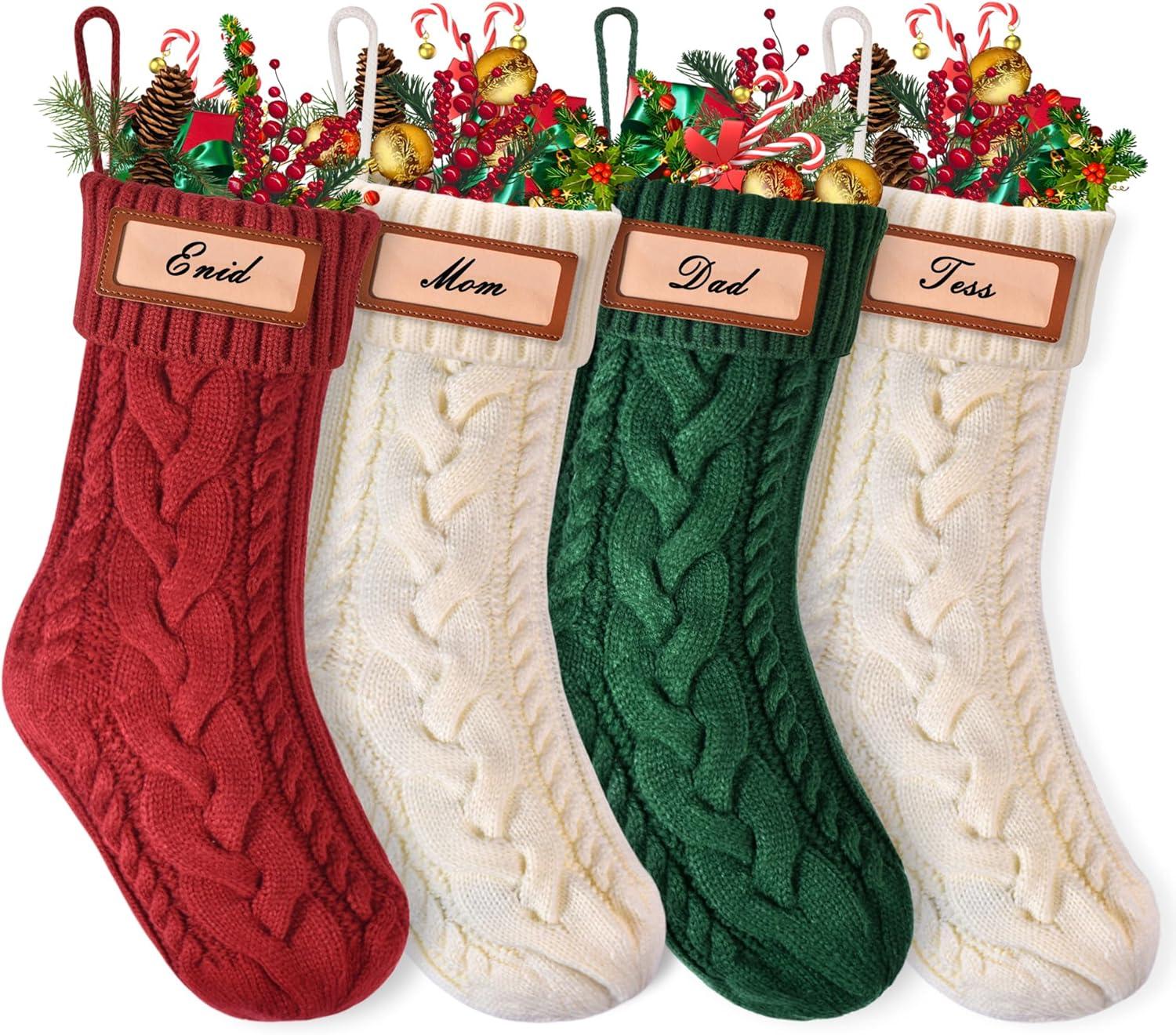 Large Red and Green Cable Knit Christmas Stockings, 4 Pack