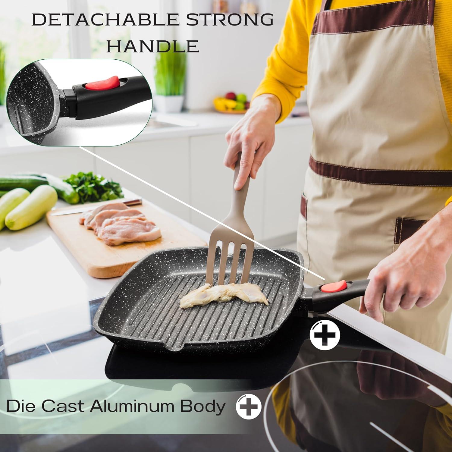 Moss & Stone Square Grill Pan For Indoor Cooking, Rv Die Casting Aluminum Grill Pan, Removable Handle Nonstick Stove Top Grill Pan for Meats & Vegetables, 11In Square Pan with Detachable Handle