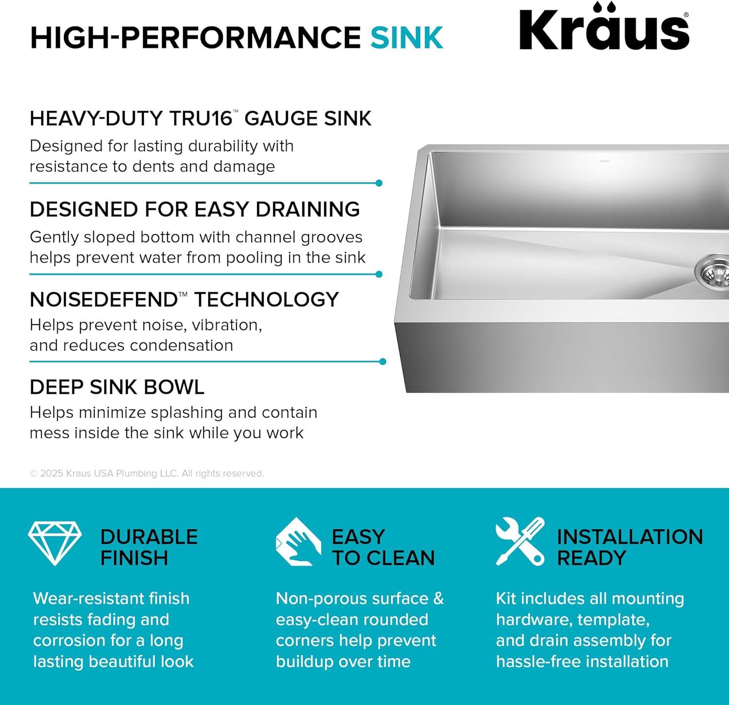 KRAUS Standart Pro Apron Front Farmhouse 16 Gauge Single Bowl Stainless Steel Kitchen Sink