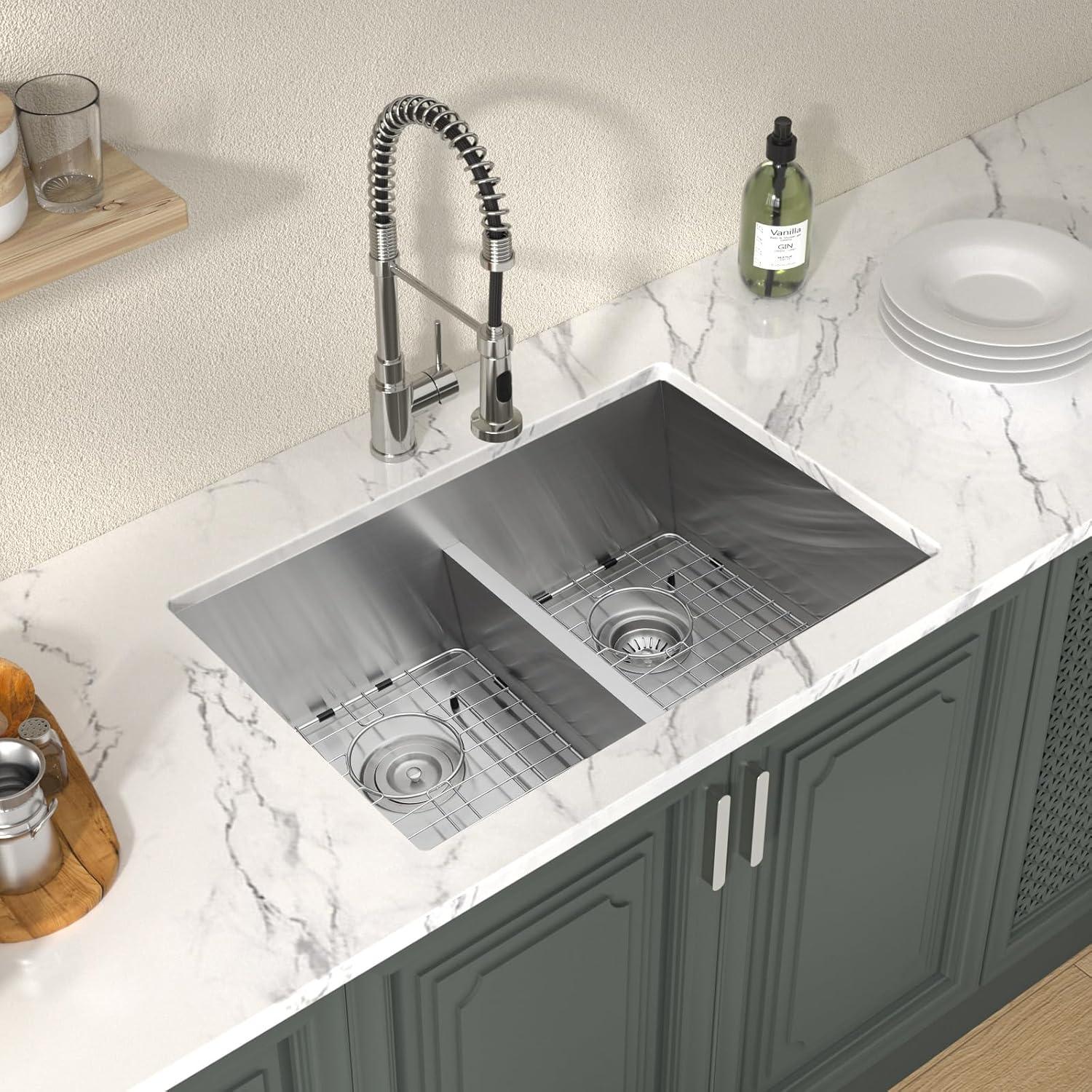 Double Bowl (60/40) Undermount Sink, 33"x19" Gunmetal Black Double Bowl Kitchen Sink 16 Gauge with Two 10" Deep Basin, X Grooves Engineered for Easy Draining